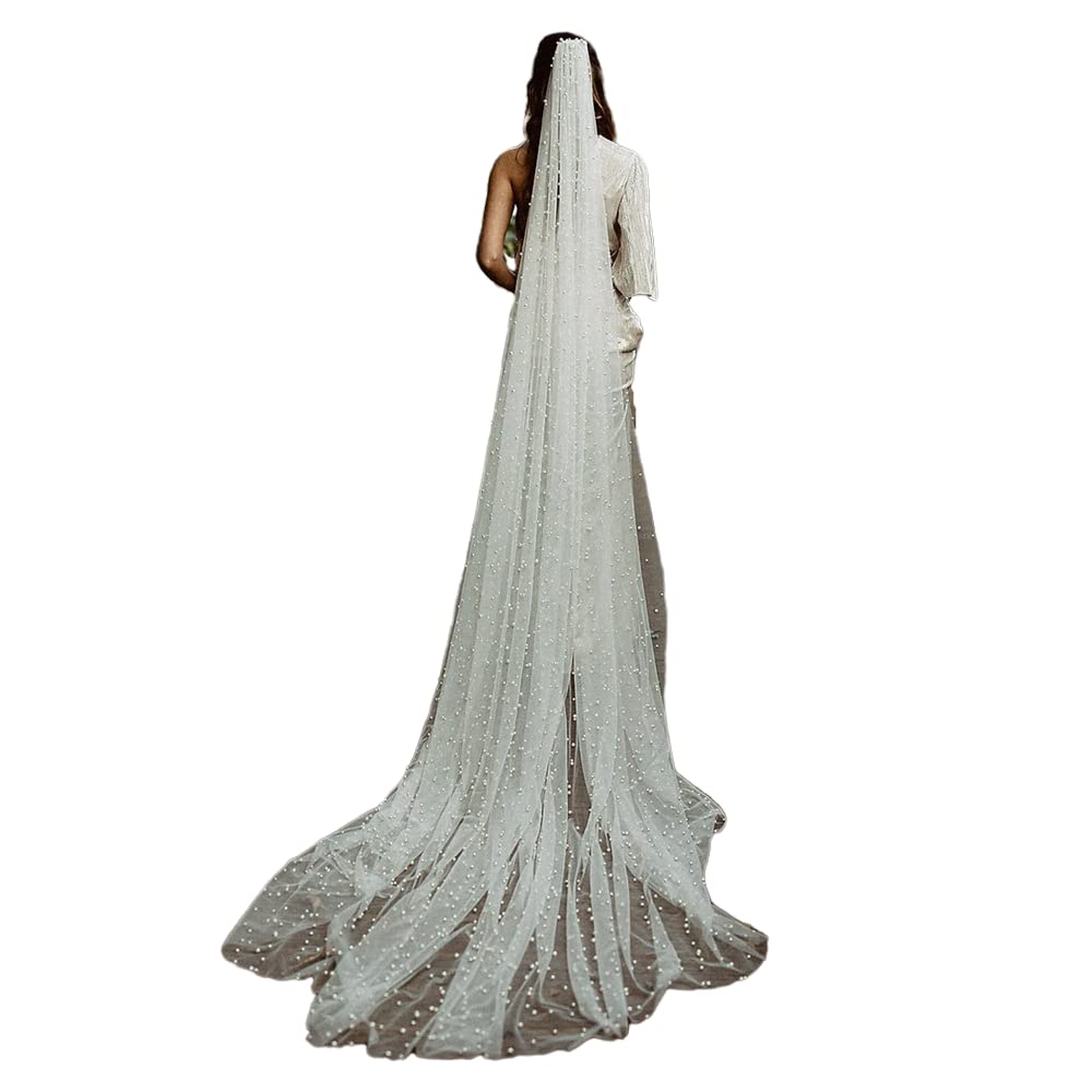 VEPYCLY Luxury Cathedral Wedding Veil with Pearl Embellishments - Elegant Tulle Bridal Hair Accessory with Comb - Perfect for Bridal Showers, Weddings & Formal Events