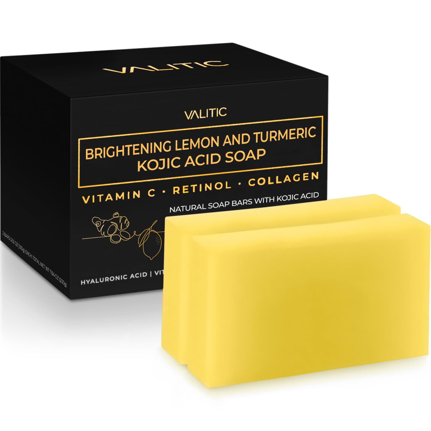VALITIC Brightening Lemon & Turmeric Kojic Acid Soap with Vitamin C, Retinol & Collagen - Japanese Skincare Soap with Hyaluronic Acid, Vitamin E, Shea Butter & Olive Oil (2 Pack) for Glowing Skin, Dark Spot Reduction & Even Skin Tone - Perfect for Daily Face & Body Cleansing