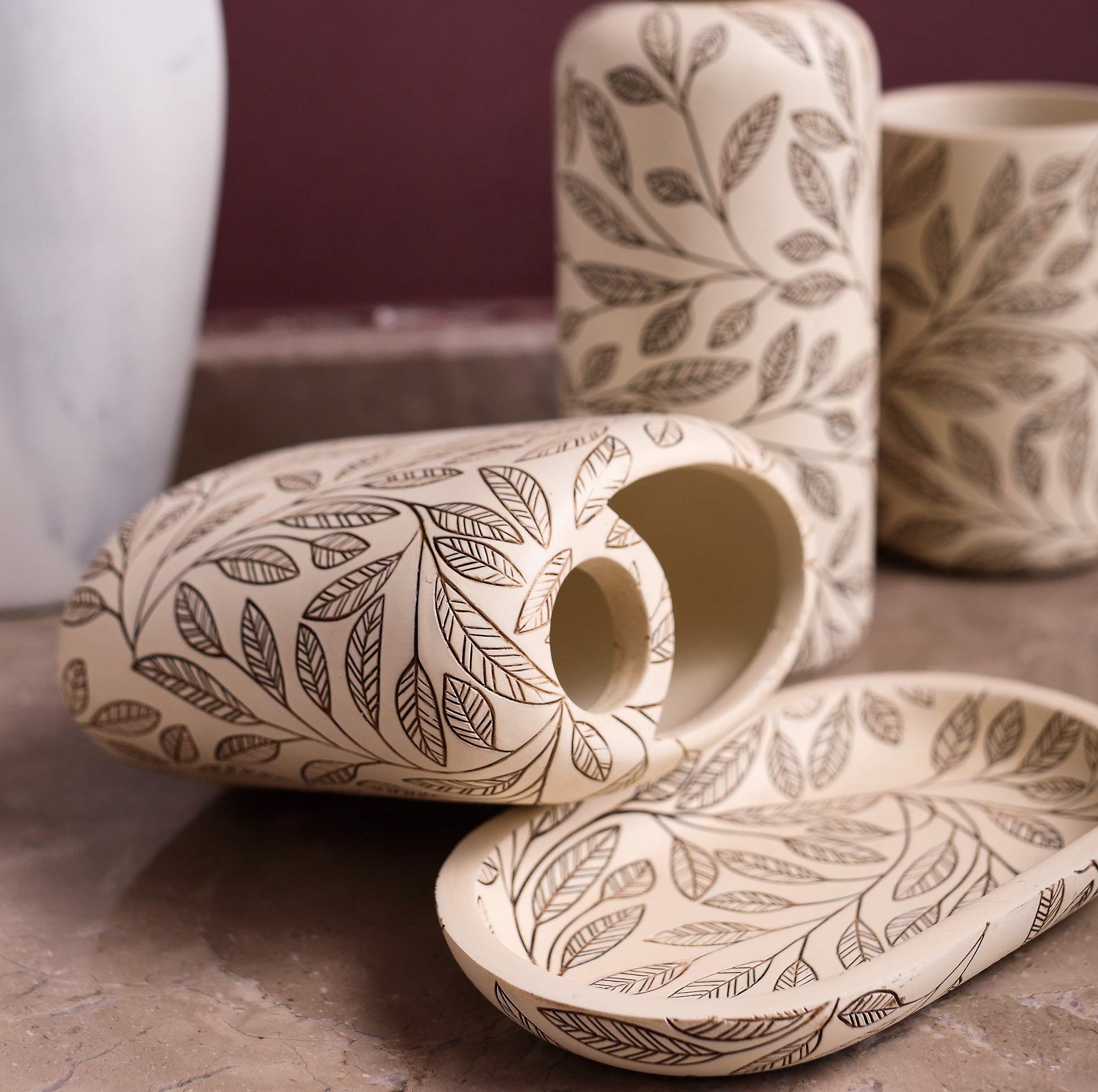 Hymmah 4-Piece Farmhouse Bathroom Accessories Set - Resin Toothbrush Holder, Soap Dispenser, Soap Dish & Tumbler | Rustic Apartment Decor Essentials | Perfect for Guest Bathrooms, Small Spaces & Housewarming Gifts