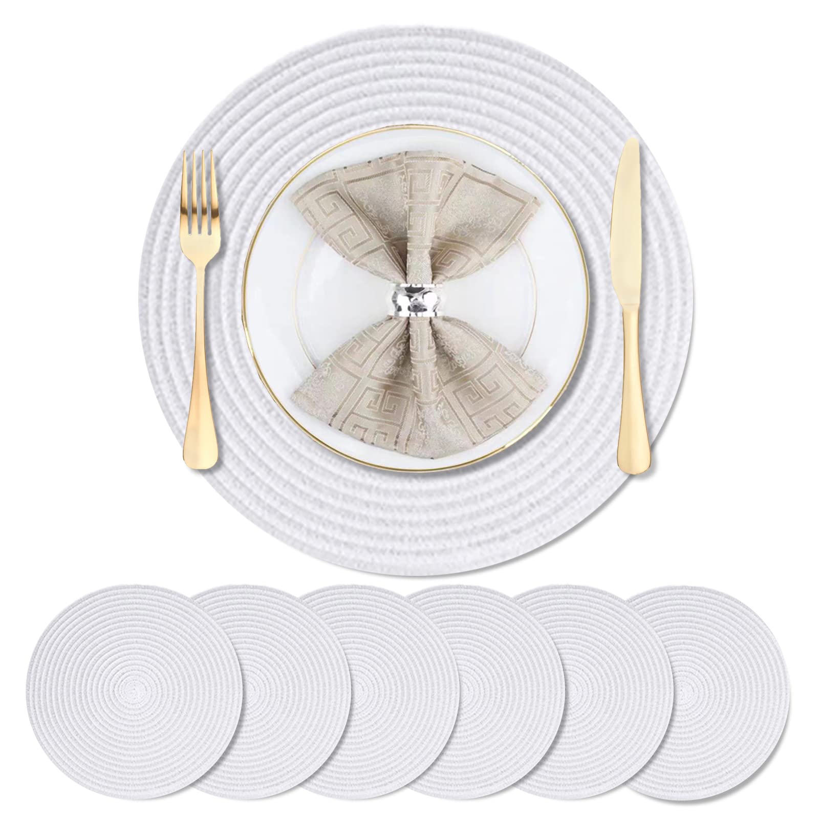 DACHUI Round Placemats Set of 6 - 15 Inch Washable Table Mats for Dining, Kitchen, and Party Decor (White) - Elegant and Durable Table Setting Accessories