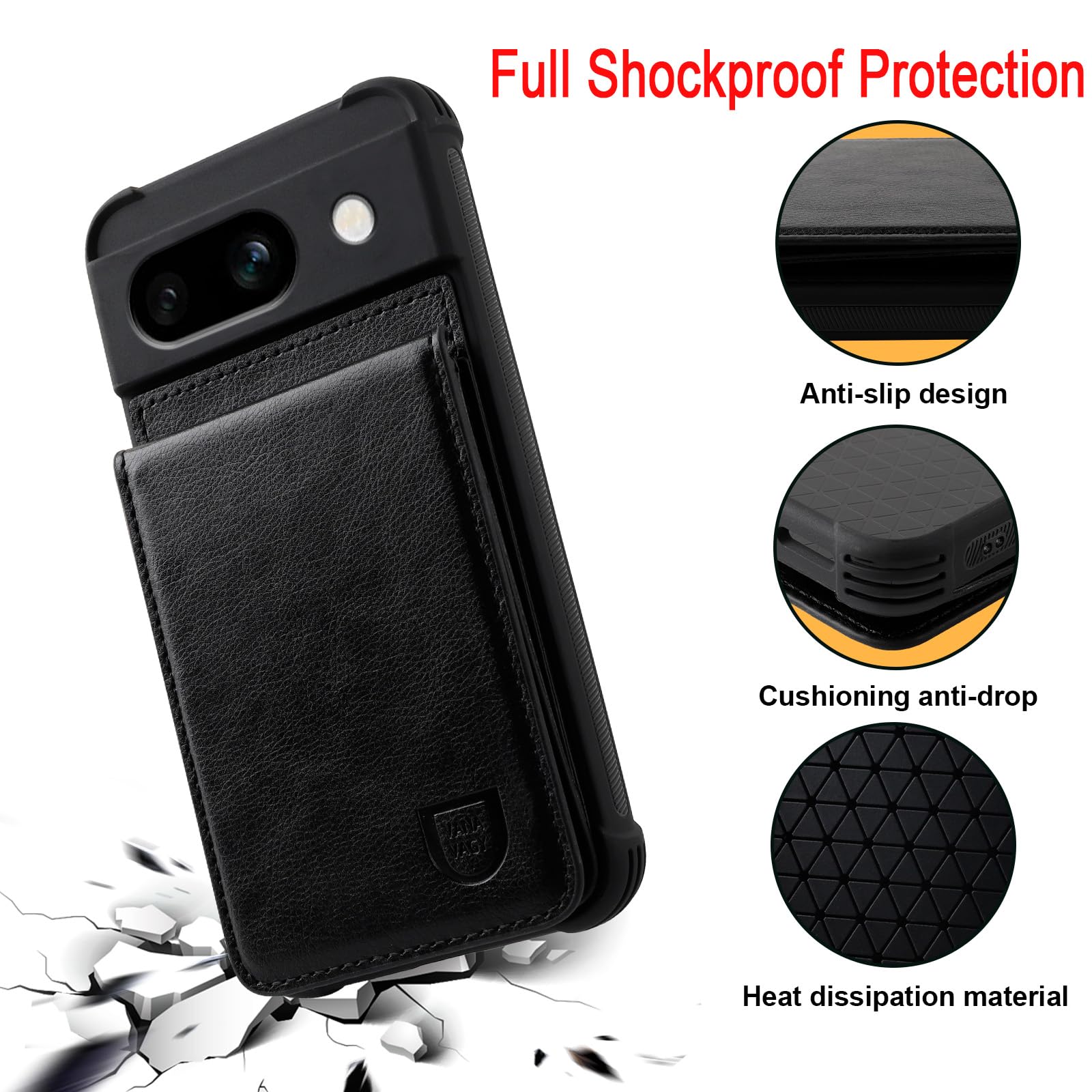 VANAVAGY Google Pixel 7A Wallet Case - Premium Leather Magnetic Flip Cover with Card Holder & RFID Blocking - Compatible with Car Mount - For Women & Men (Black) - Perfect for Daily Commute, Travel & Business Use