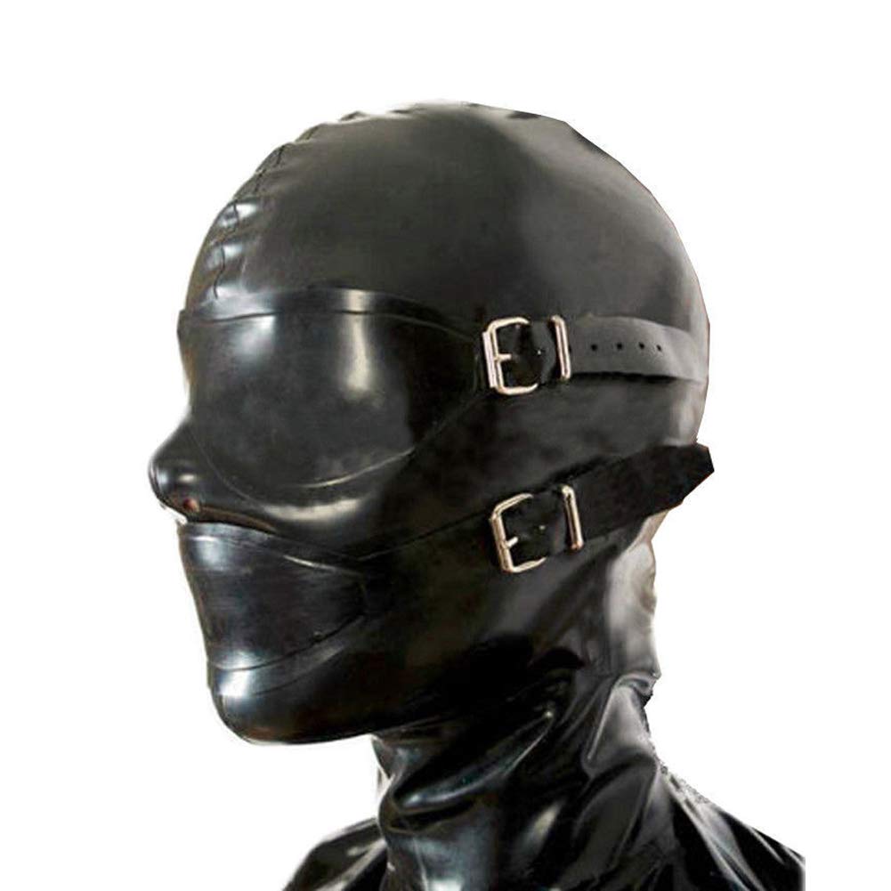 Latex Hood Mask with Detachable Eyes & Mouth Patches, Snap Closure, Ponytail Hole & Zipper - Perfect for Cosplay, BDSM, Halloween Costumes & Fetish Parties