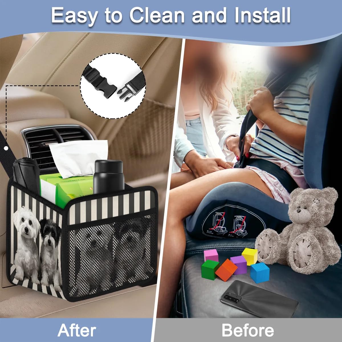Premium PU Leather Foldable Backseat Car Organizer with Puppy Dog Stripe - Hanging Storage Bag for Car Accessories | Perfect for Road Trips, Family Travel & Pet Owners