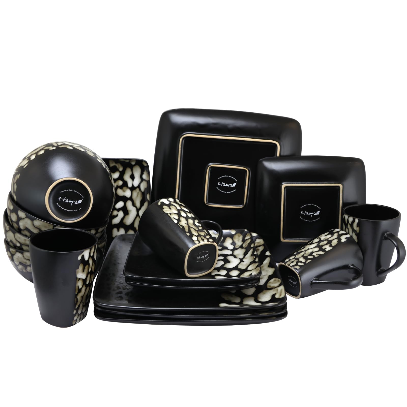 Elama Square Stoneware Dinnerware Set - 16-Piece Matte Black Cheetah Print Plates, Bowls & Mugs - Durable Stoneware for Everyday Use, Dinner Parties & Modern Kitchen Decor