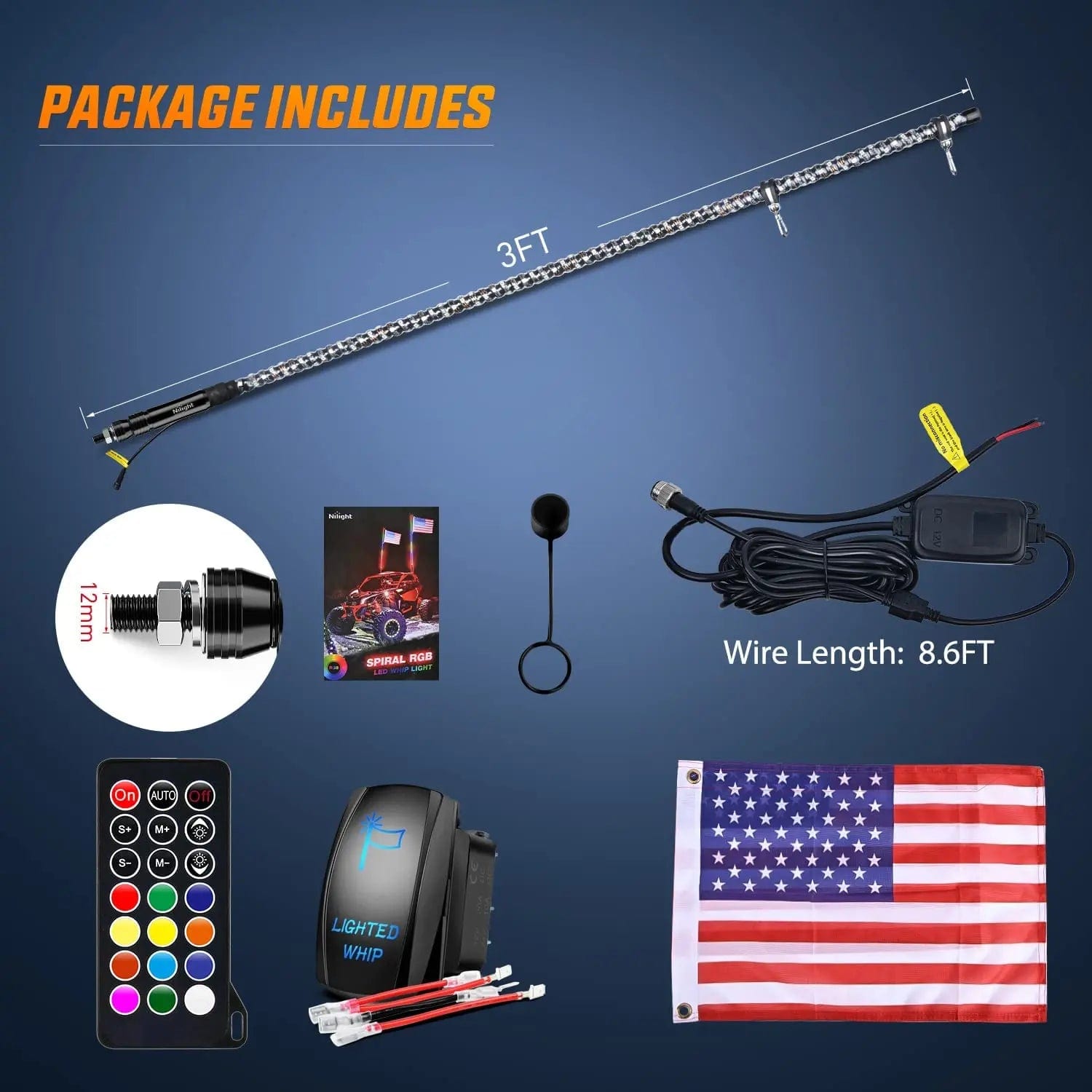 3FT Spiral Antenna LED Whip Light with RF Remote Control - 8.6FT Wire & 5Pin Switch for Off-Road Vehicles, ATV, UTV, Motorcycles - Durable Night Riding Light for Outdoor Adventures