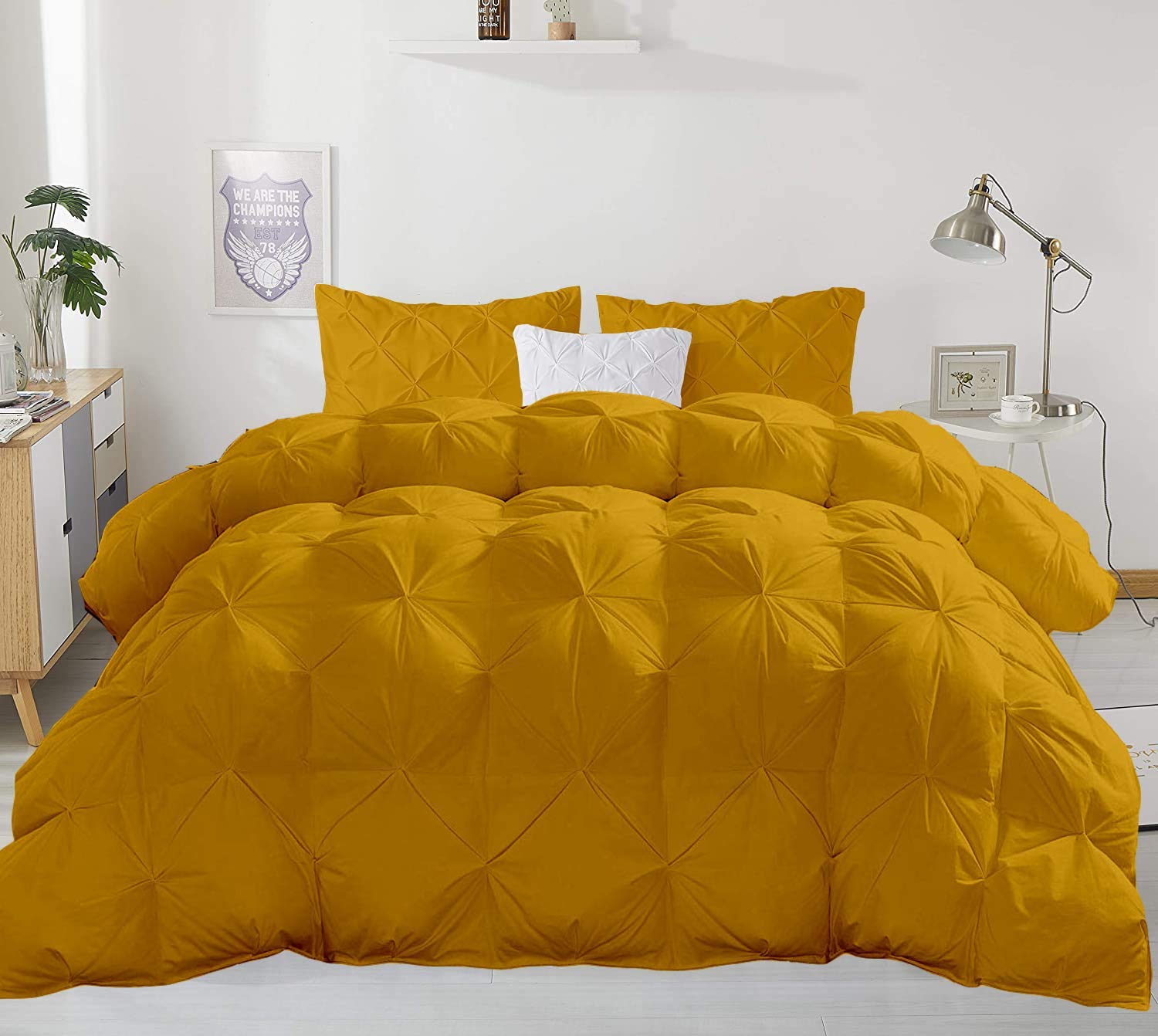 Luxury 500 GSM Egyptian Cotton Comforter Set - Oversized King (98x120 Inches) Soft Amber Gold Pinch Pleated Duvet Cover + 4 Pillowcases | 1000 Series Bedding Collection for Master Bedroom & Guest Room Decor