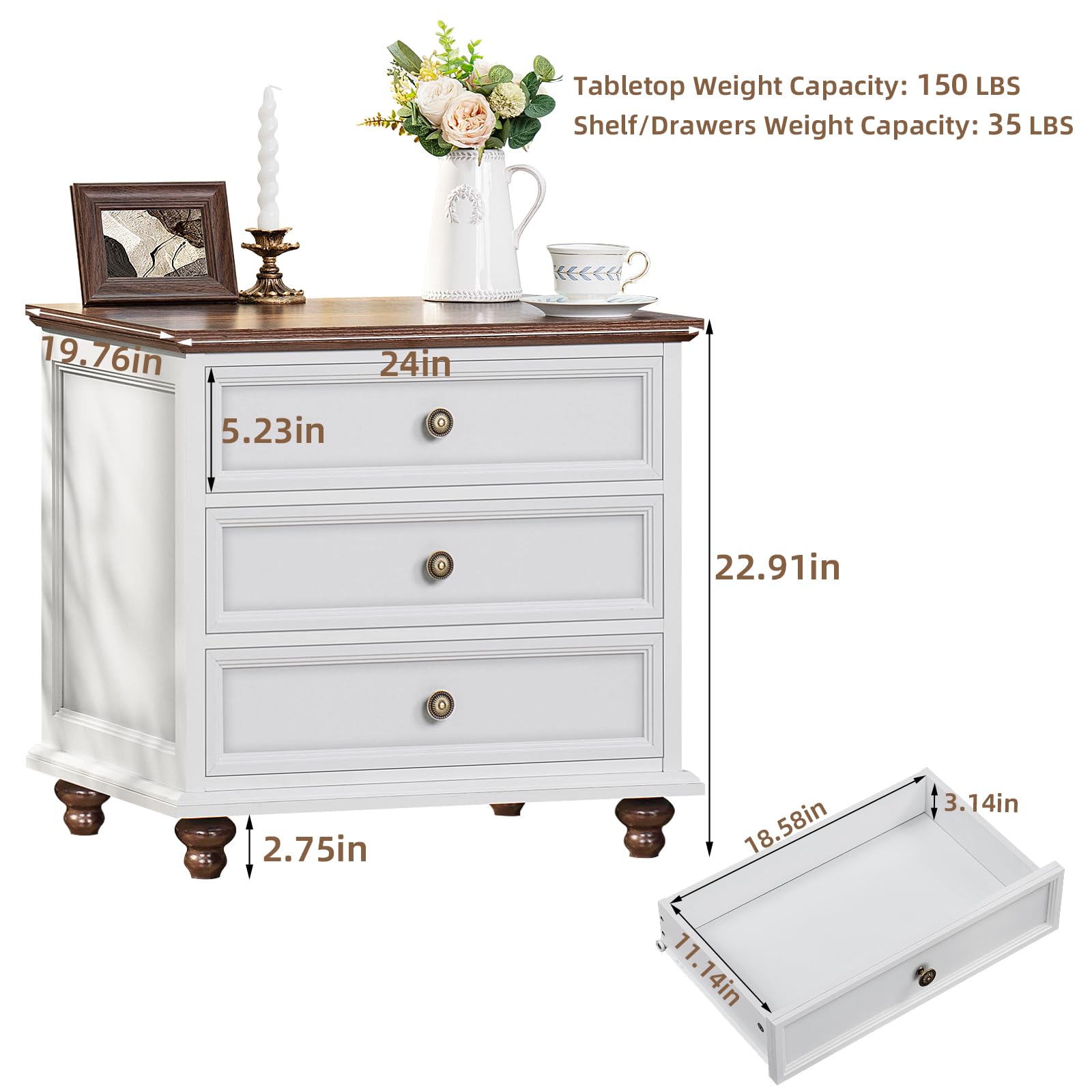 Farmhouse Dresser and Nightstand Set - 3 Piece Bedroom Furniture with 7-Drawer Dresser (54