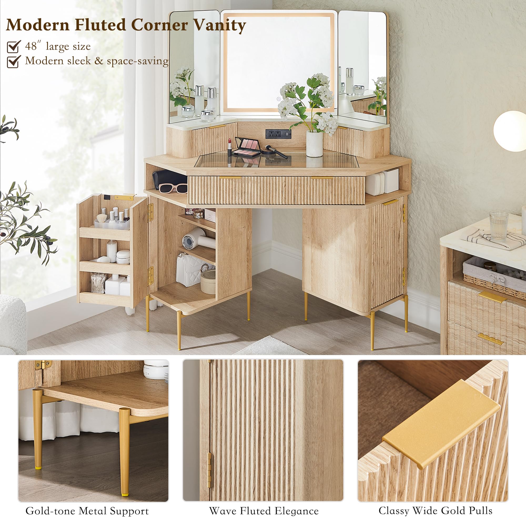 T4TREAM 48 Inch Fluted Makeup Vanity Desk with HD Triple Mirror & LED Lights - Modern Lighted Corner Dressing Table with Glass Top, 3 Drawers & 2 Cabinets - Natural Oak Finish for Bedroom, Home Decor & Beauty Room Organization