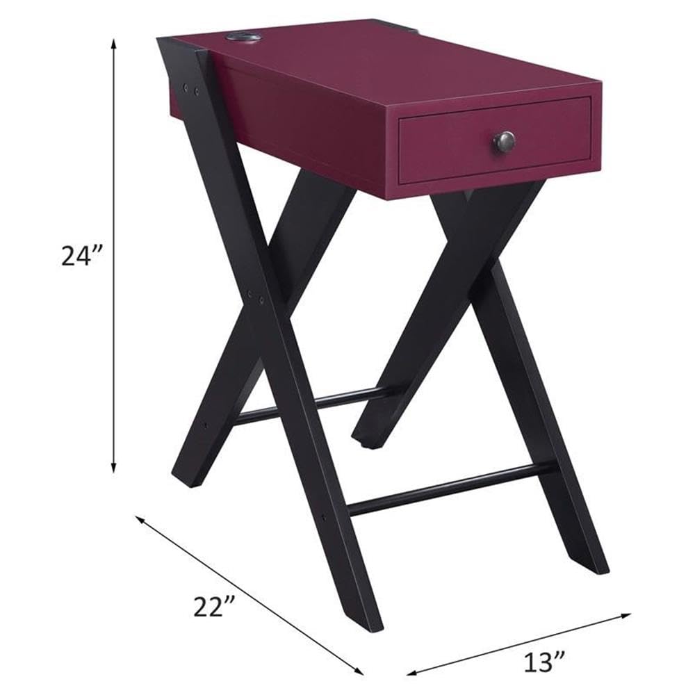 Acme Fierce Wooden Side Table with USB Charging Port - Burgundy & Black Nightstand for Bedroom, Living Room & Office