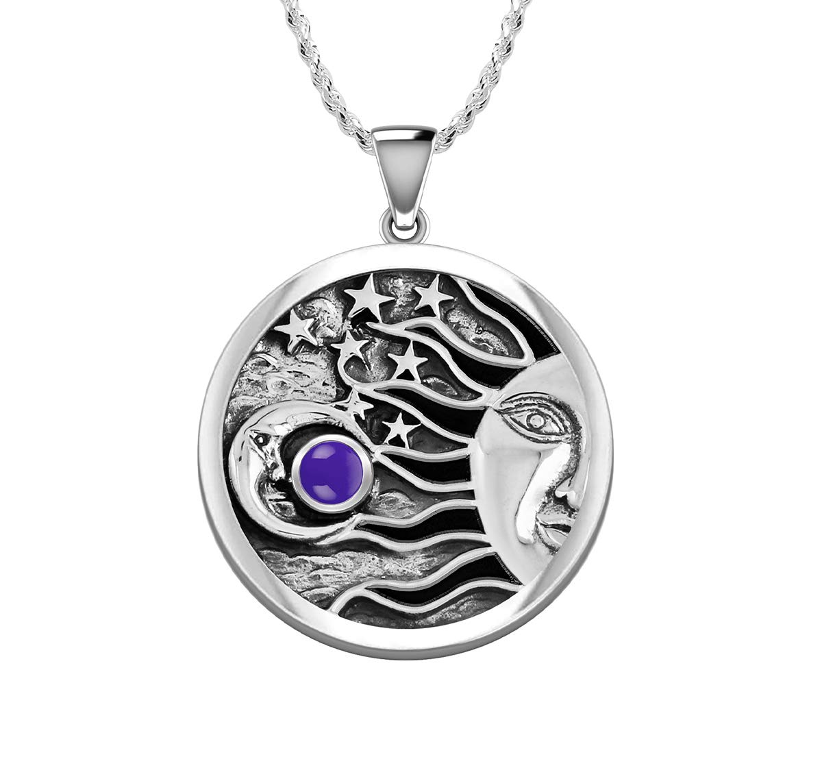 925 Sterling Silver Simulated Amethyst Sun Moon Stars Pendant Necklace for Women - 18
