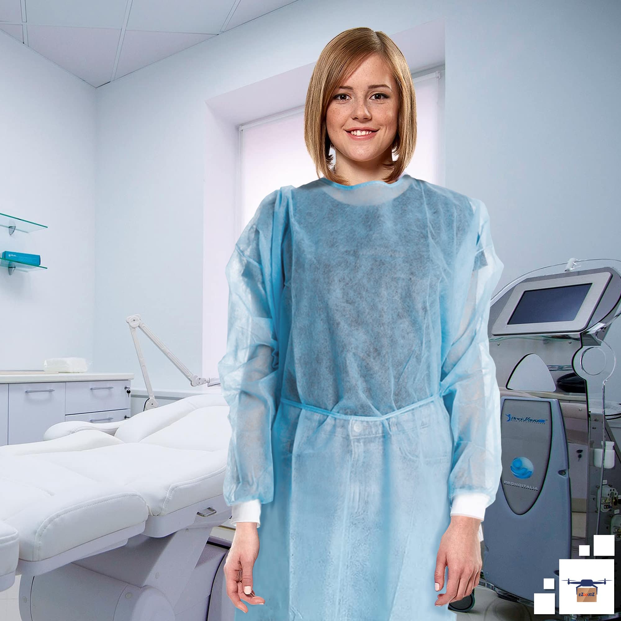 EZGOODZ Blue Disposable Isolation Gowns - 50 Pack Medical Gowns with Elastic Cuffs, Long Sleeves & Back Ties | 45 GSM SPP Material | Unisex Surgical Gowns for Men & Women | Ideal for Hospitals, Clinics & Home Healthcare Use
