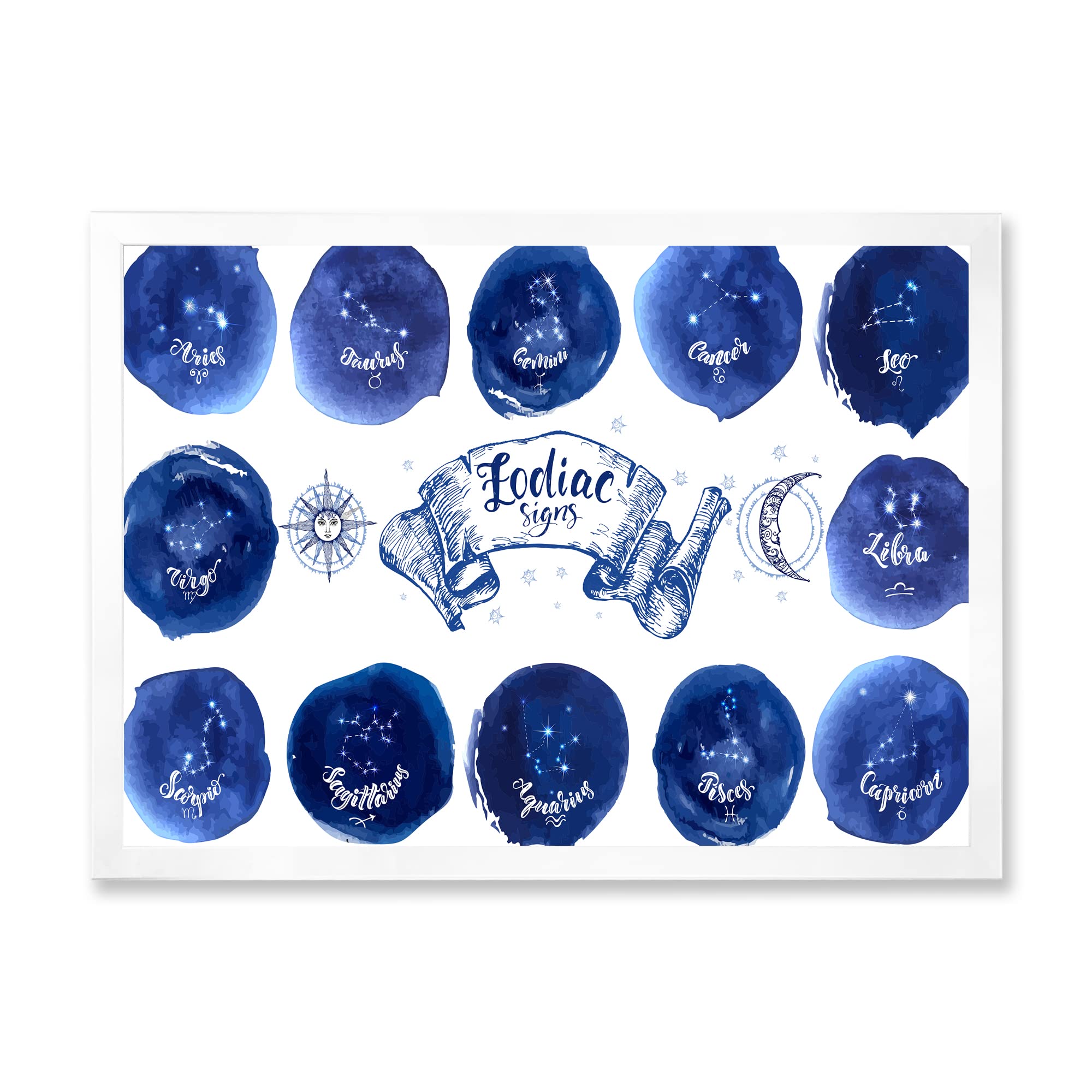 DesignQ Blue Modern Framed Wall Art with Astrology Signs - Perfect for Home Decor, Office & Gift Giving