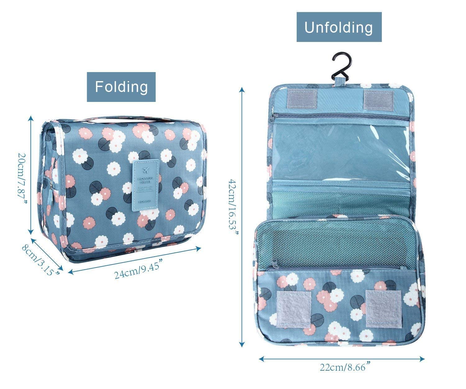 Zonoxo Hanging Cosmetic Bag for Women & Men - Portable Travel Makeup Organizer with Hook - Waterproof Toiletry Pouch for Gym, Vacation & Daily Use (Blue Floral Design, Pack of 1)