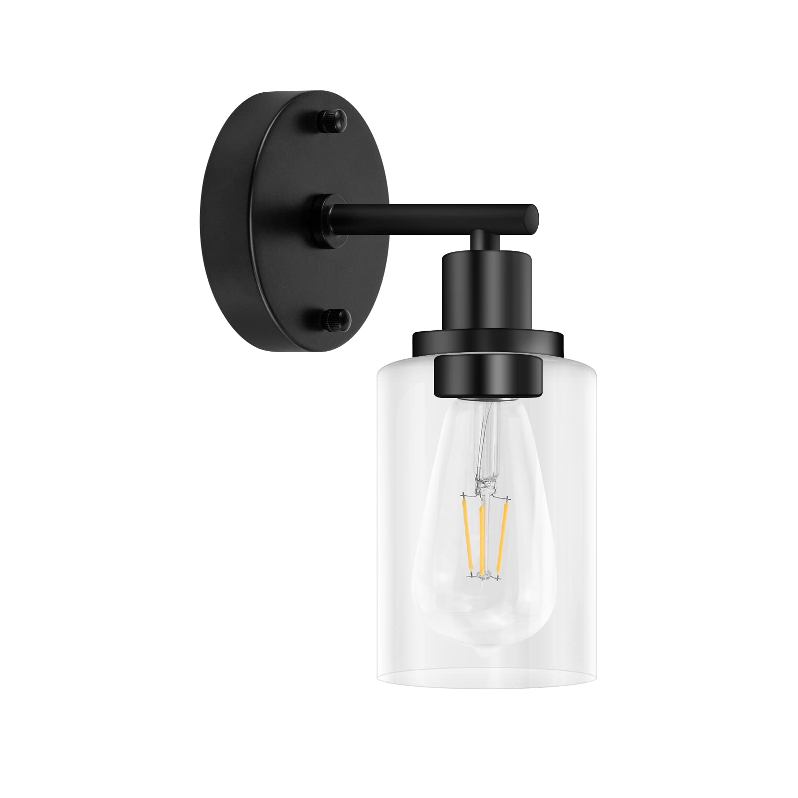 GORDNWE Modern Matte Black Bathroom Wall Sconce - 1 Light Vanity Fixture with Clear Glass Shade, Farmhouse Style Wall Mount Light for Mirror, Bathroom Vanity, Living Room & Bedroom - Perfect for Ambient Lighting and Home Decor