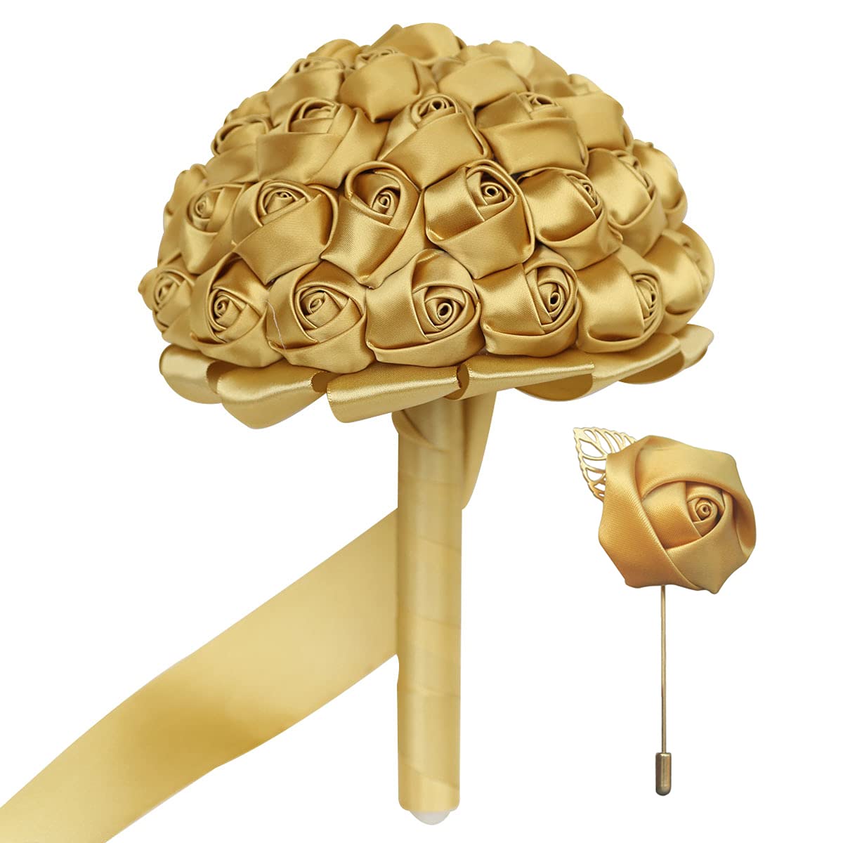 Handmade Artificial Satin Rose Bouquet - Bridal Bouquet for Bride, Bridesmaid Bouquets, Toss Bouquet (Gold) - Perfect for Weddings, Bridal Showers & Special Occasions