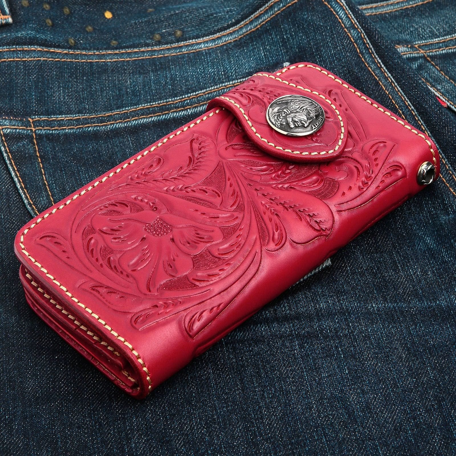 Premium Genuine Red Indian Leather Biker Wallet for Men - Stylish & Durable RFID Blocking Wallet for Motorcycle Riders, Travel & Everyday Use