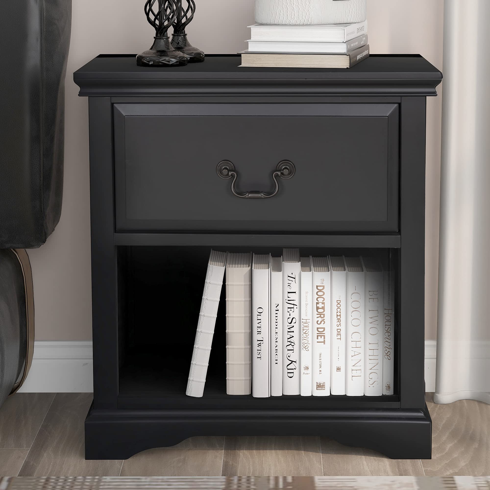 Solid Wood End Table Nightstand with 1 Drawer & Shelf - Rustic Retro Side Table for Living Room, Bedroom & Office - Traditional Storage Sofa Table in Black - Perfect for Small Spaces, Reading Nooks & Guest Rooms
