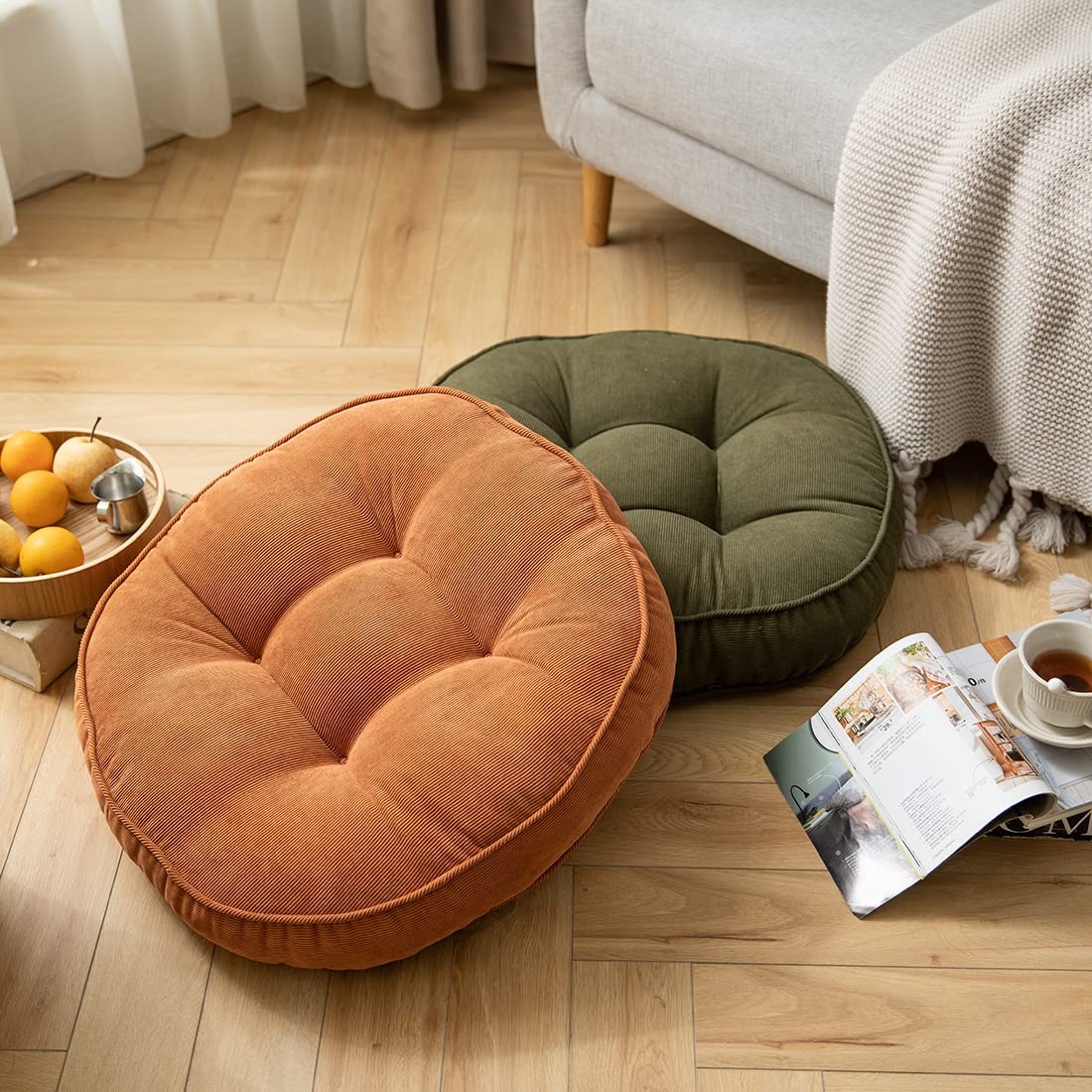 VCTOPS Thick Tufted Corduroy Round Chair Pad - Large 22x22 Inch Meditation Pillow & Floor Cushion for Yoga, Office, Living Room, Balcony - Solid Orange Pouf for Tatami, Seating & Relaxation