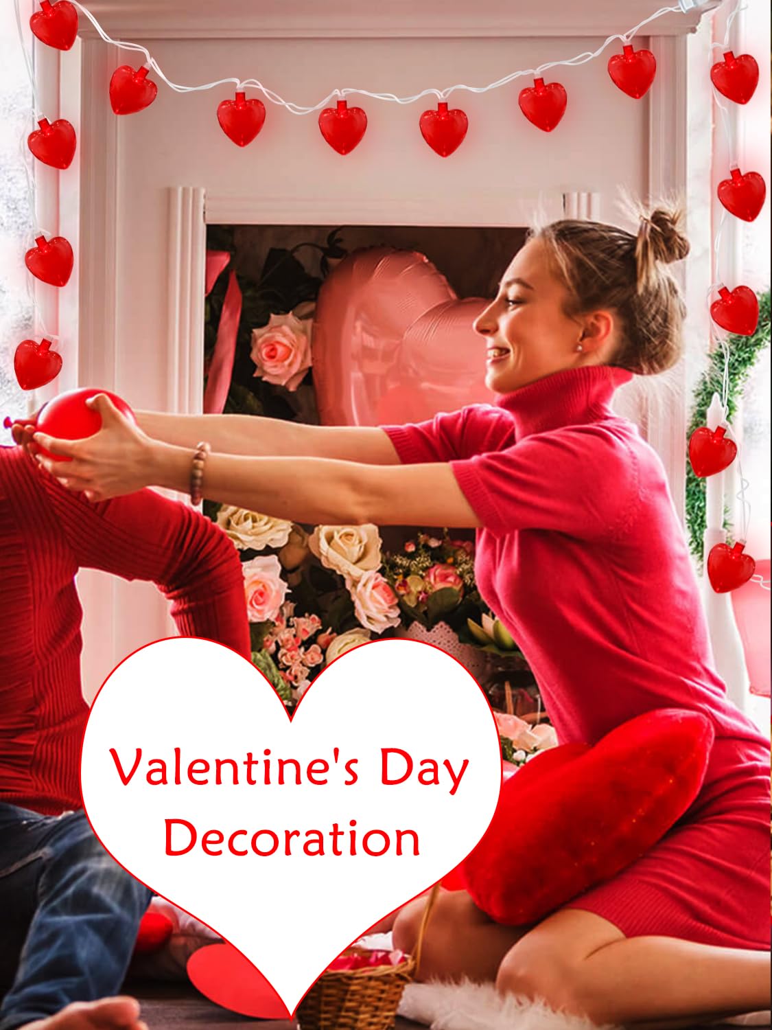 SUNSGNE 8.5Ft Romantic Red Heart String Lights - 10 LED Heart Shaped Lights for Valentine's Day, Mother's Day, Wedding, Anniversary & Christmas Decorations | Indoor/Outdoor Party Lighting for Bedroom, Garden, Patio and Special Events