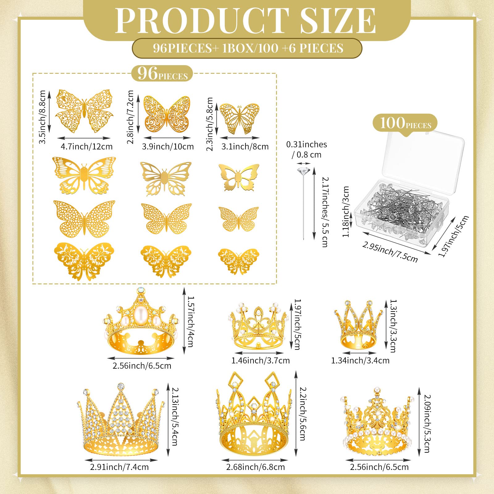 Estune 202-Piece Floral Bouquet Accessory Kit - 6 Mini Gold Crowns, 96 3D Gold Butterflies & 100 Diamond Flower Pins for Wedding, Birthday Party & Cake Decorations | DIY Floral Arrangement Supplies for Centerpieces, Gift Wrapping & Craft Projects
