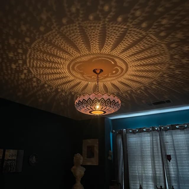 Rustic Moroccan Pendant Light Fixture - 13.77 Inch Gold Chandelier for Farmhouse Dining Room, Kitchen & Living Room Decor | Boho Ceiling Lighting for Home, Cafe, Restaurant & Wedding Venue