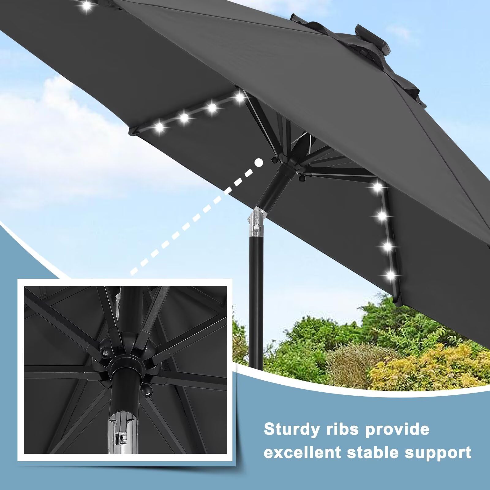 ABCCANOPY 9FT Solar LED Patio Umbrella with 32 LED Lights - Dark Gray | Durable Outdoor Shade for Poolside, Backyard, Garden & Patio Furniture