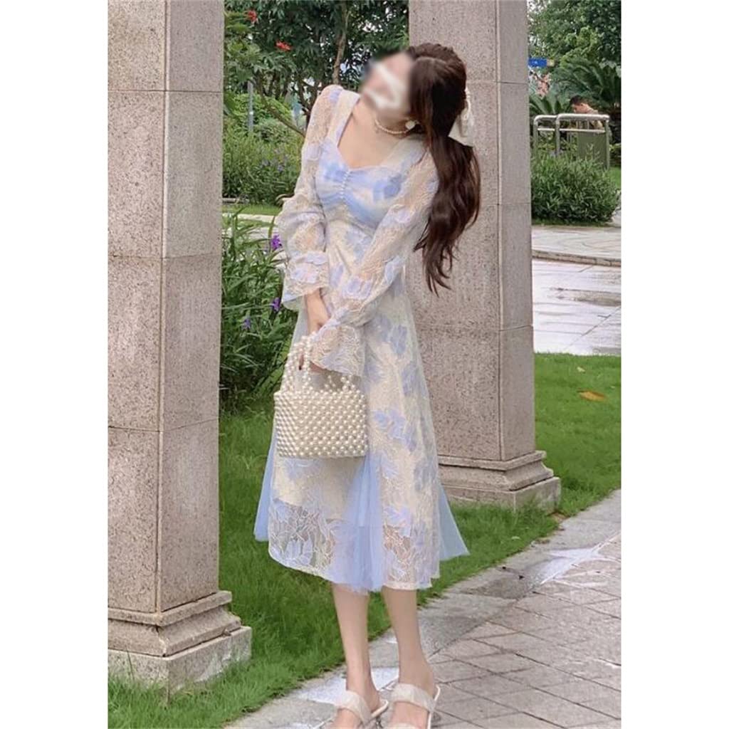 Vintage Midi Dress for Women - Long Sleeve Lace Casual Dress for Fall & Autumn (Color A, Size S) | Perfect for Office Wear, Date Nights & Special Occasions