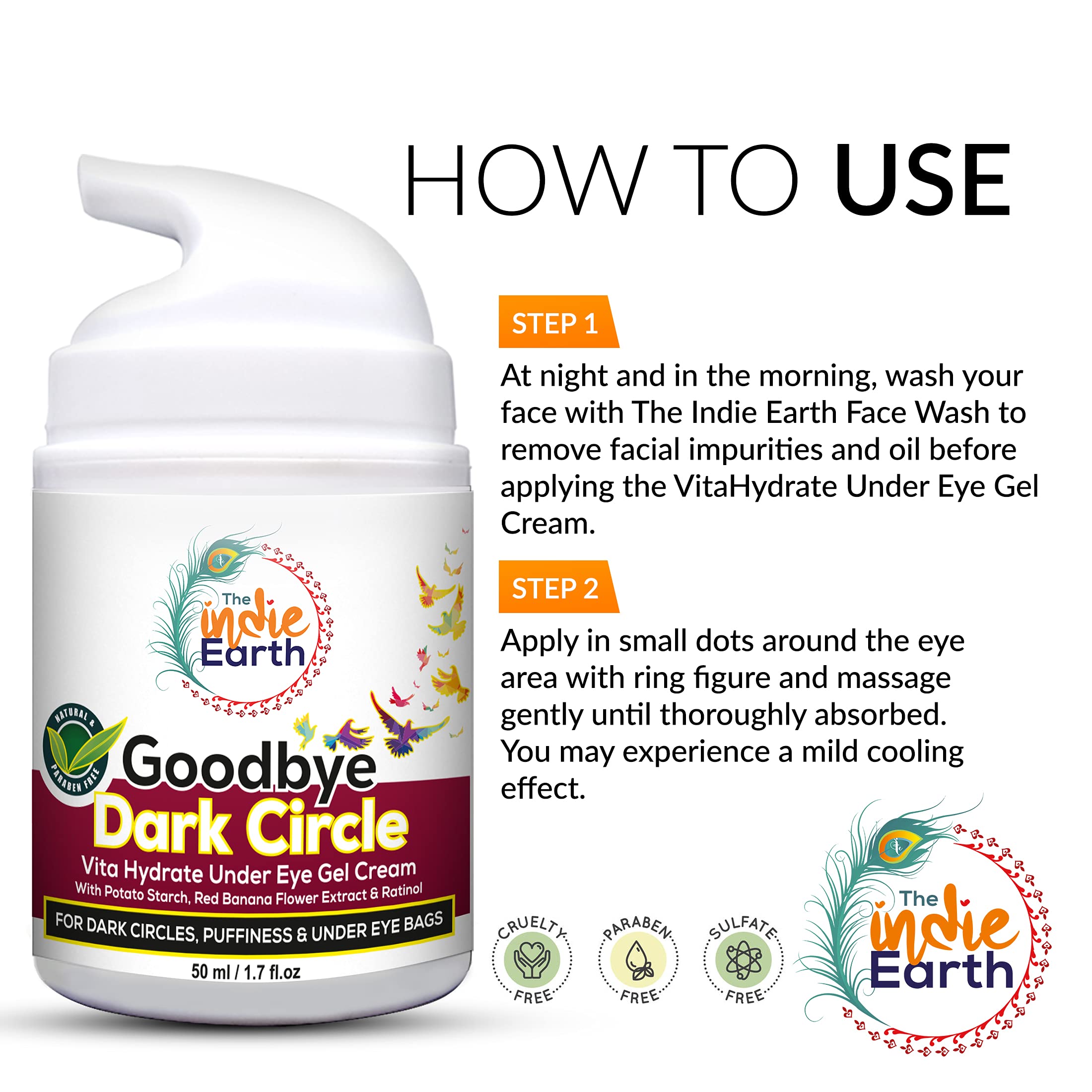 Indie Earth Goodbye Dark Circles Vita Rich Under Eye Gel Cream – 50ml with Potato Starch, Red Banana Flower Extract & Retinol | Best Eye Gel for Dark Circles, Puffiness & Fine Lines | Perfect for Night Routine & Travel Skincare