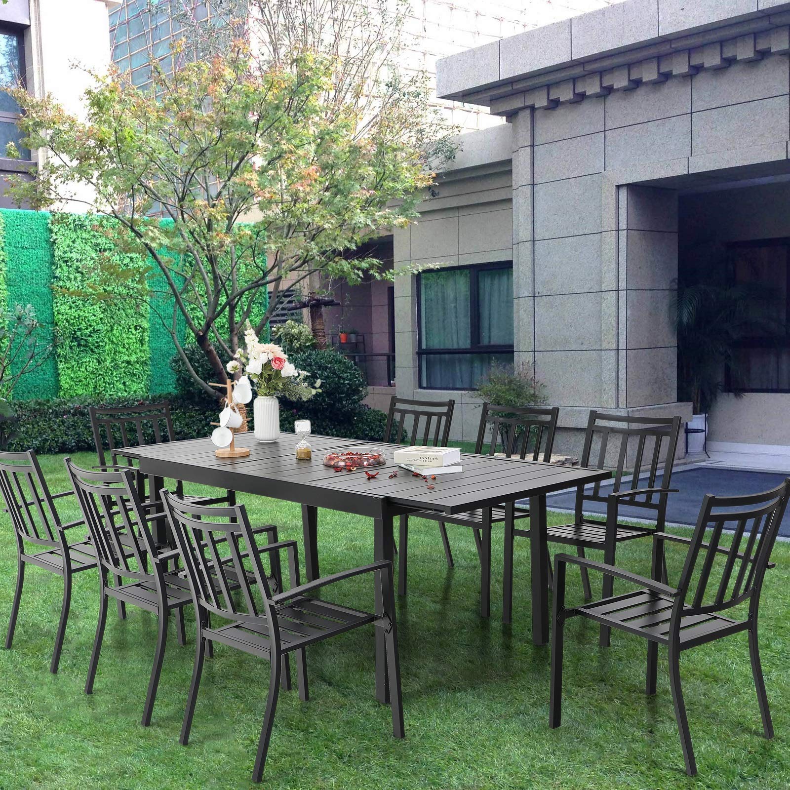 Sophia & William 9-Piece Outdoor Dining Set with 8 Metal Chairs & 1 Expandable Rectangle Table - Modern Patio Furniture for Poolside, Porch, Backyard | Perfect for Outdoor Entertaining, BBQs, and Family Gatherings
