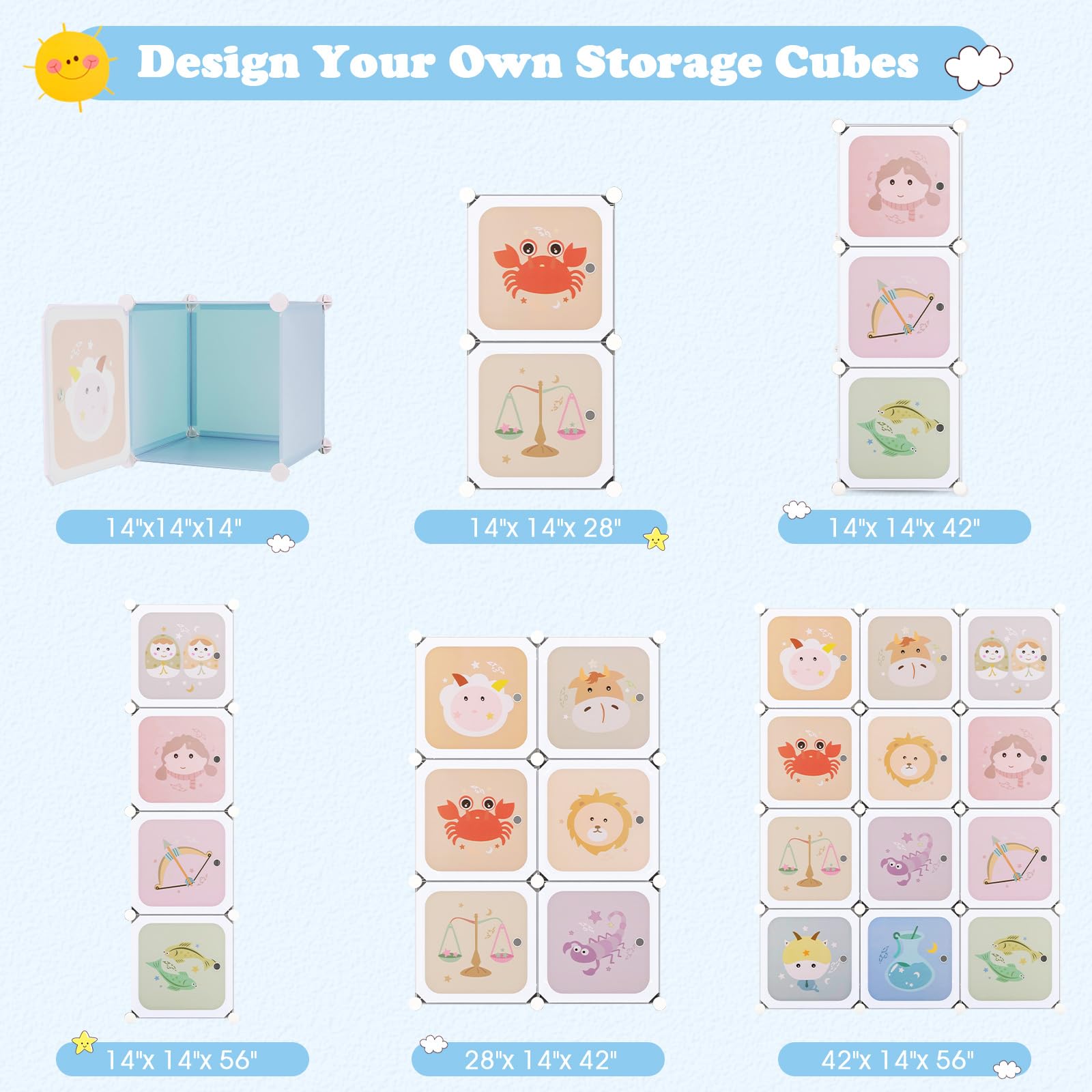 INFANS Kids Wardrobe - 12 Cube 2 Hanging Sections Portable Baby Dresser with Doors, Cute Nursery Closet Organizer for Children's Bedroom | Perfect for Toddler Clothes Storage & Nursery Organization