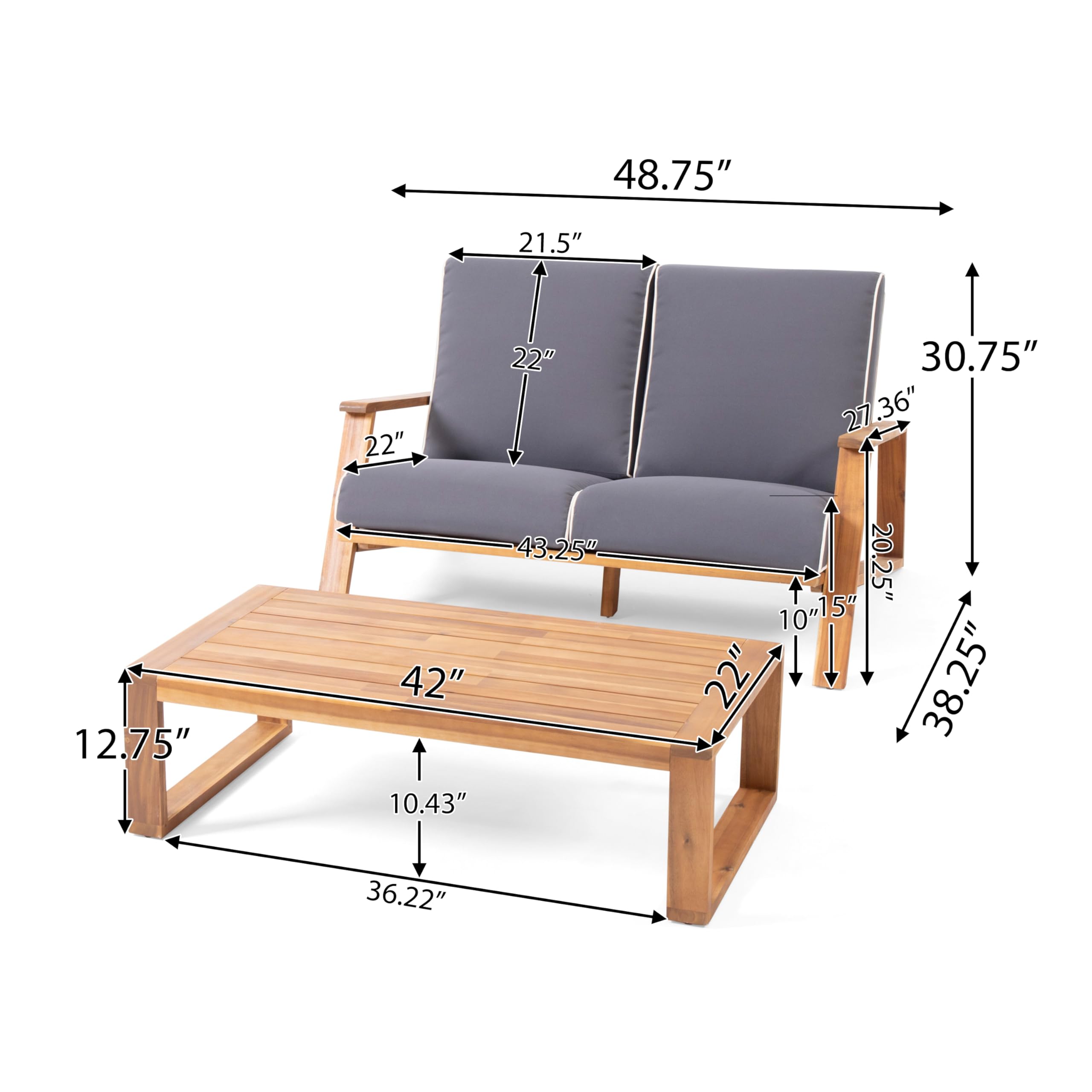 Christopher Knight Home Eartha Outdoor Loveseat Set with Coffee Table - Teak Finish Dark Gray Patio Furniture for Garden, Poolside & Backyard Relaxation