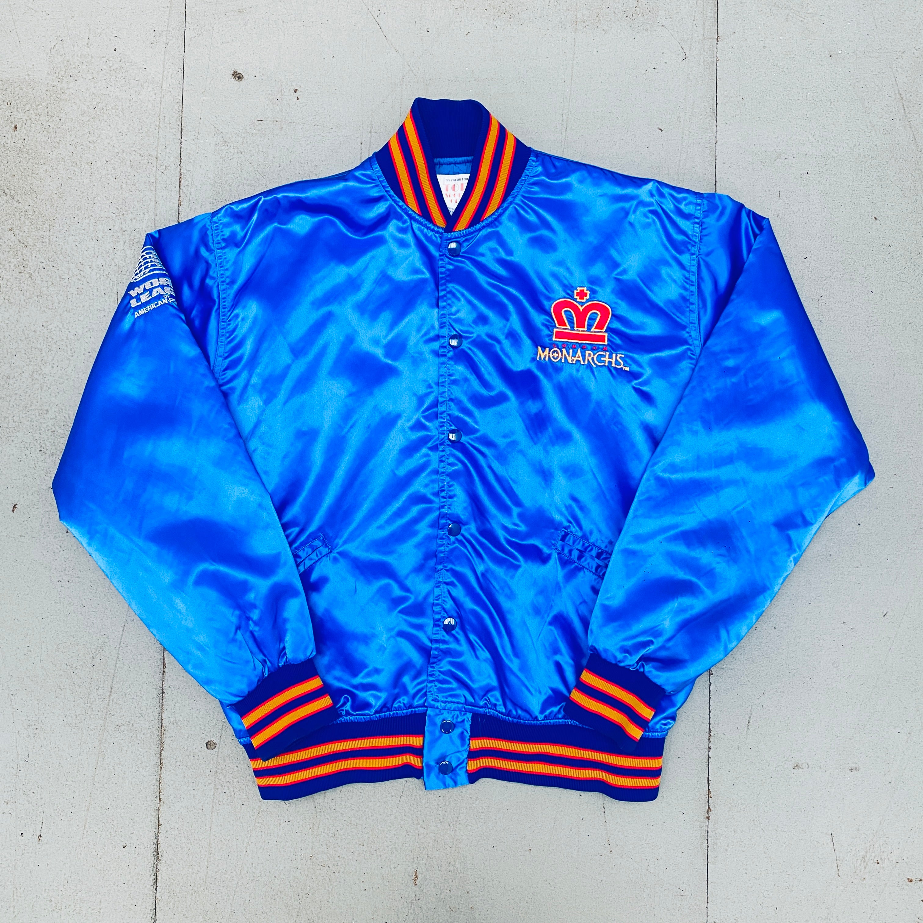 WLAF: London Monarchs 1991 Satin Reverse Embroidered Spellout Bomber Jacket (Large/XL) - Vintage Football Jacket for Fans & Collectors - Perfect for Game Day, Tailgating & Retro Sports Fashion
