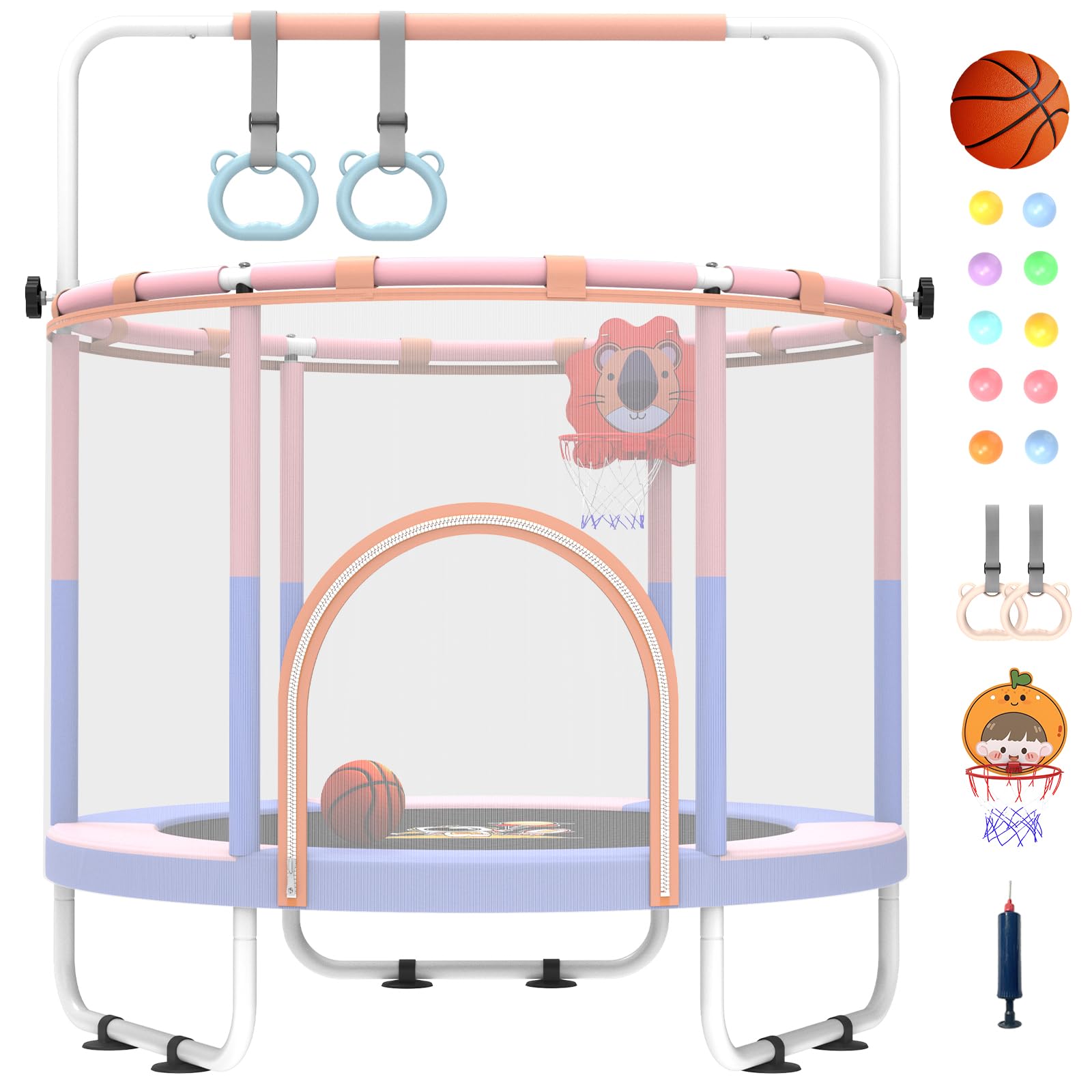 5FT Mini Trampoline for Kids Ages 3-6 | Indoor Toddler Trampoline with Safety Net & Adjustable Gym Bar | Perfect Birthday Gift for Boys & Girls | Great for Indoor Play, Exercise & Motor Skills Development