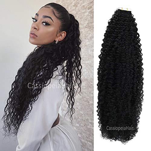 28 Inch Long Tape in Human Hair Extensions for Women - Invisible Seamless Skin Weft - 100% Brazilian Kinky Curly Human Hair - Adhesive Tape in Hair (100g, 40pcs, Color #2) - Perfect for Daily Wear, Parties, Weddings & Special Occasions