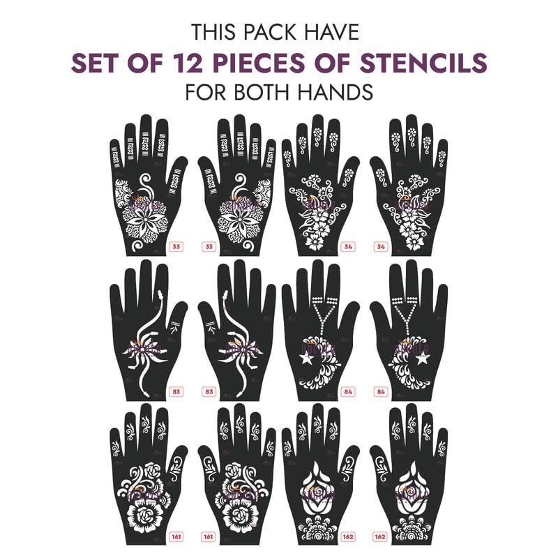APCUTE 12-Piece Henna Stencil Sticker Set - Easy DIY Temporary Tattoo Designs for Women, Girls & Kids (Styles 33,34,83,84,161,162) - Perfect for Parties, Weddings & Festive Celebrations
