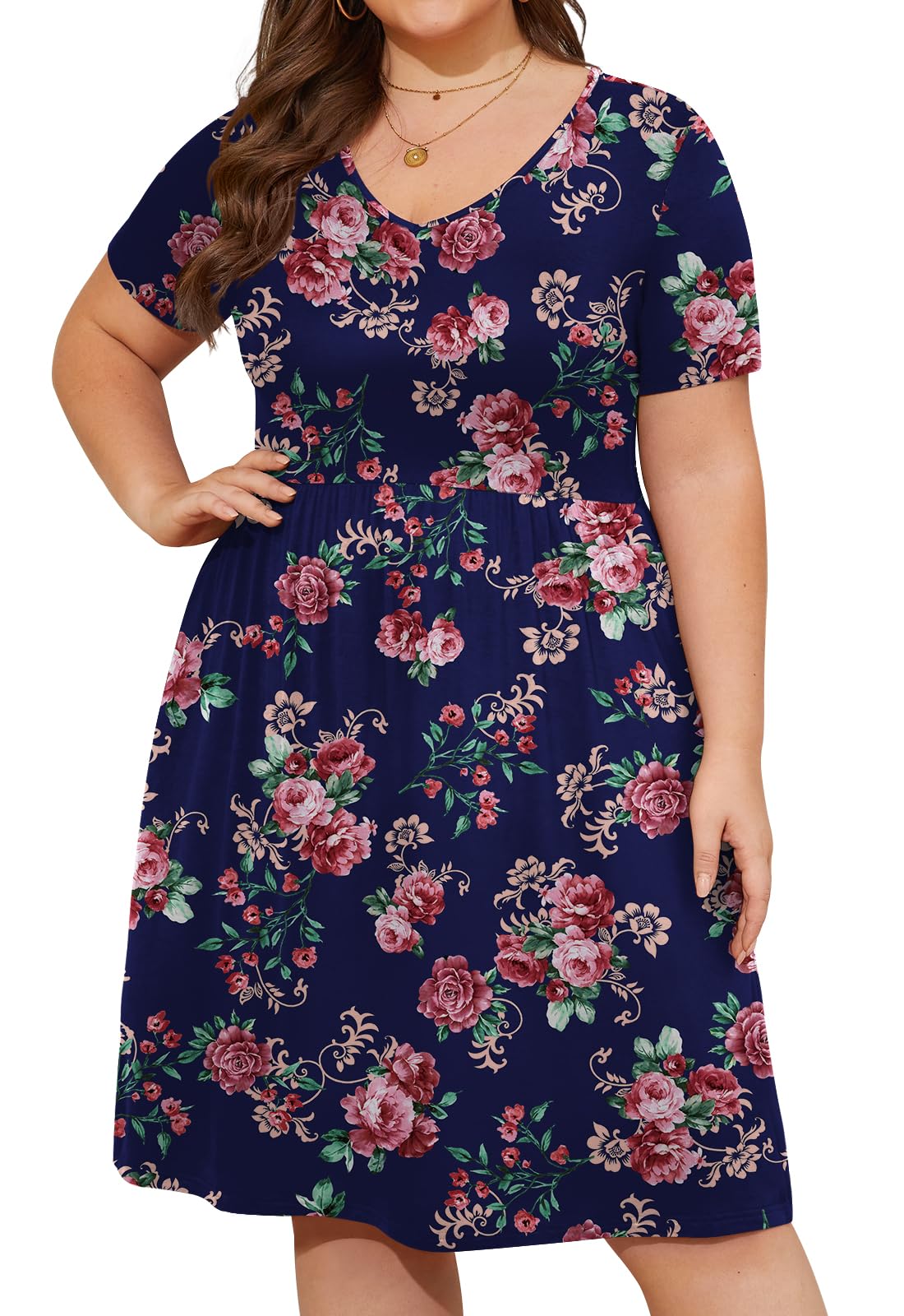 DB MOON Women's Plus Size Summer Casual Dress 2025 - V Neck Short Sleeve Knee Length Dress with Pockets (XL) | Perfect for Beach, Vacation & Everyday Wear