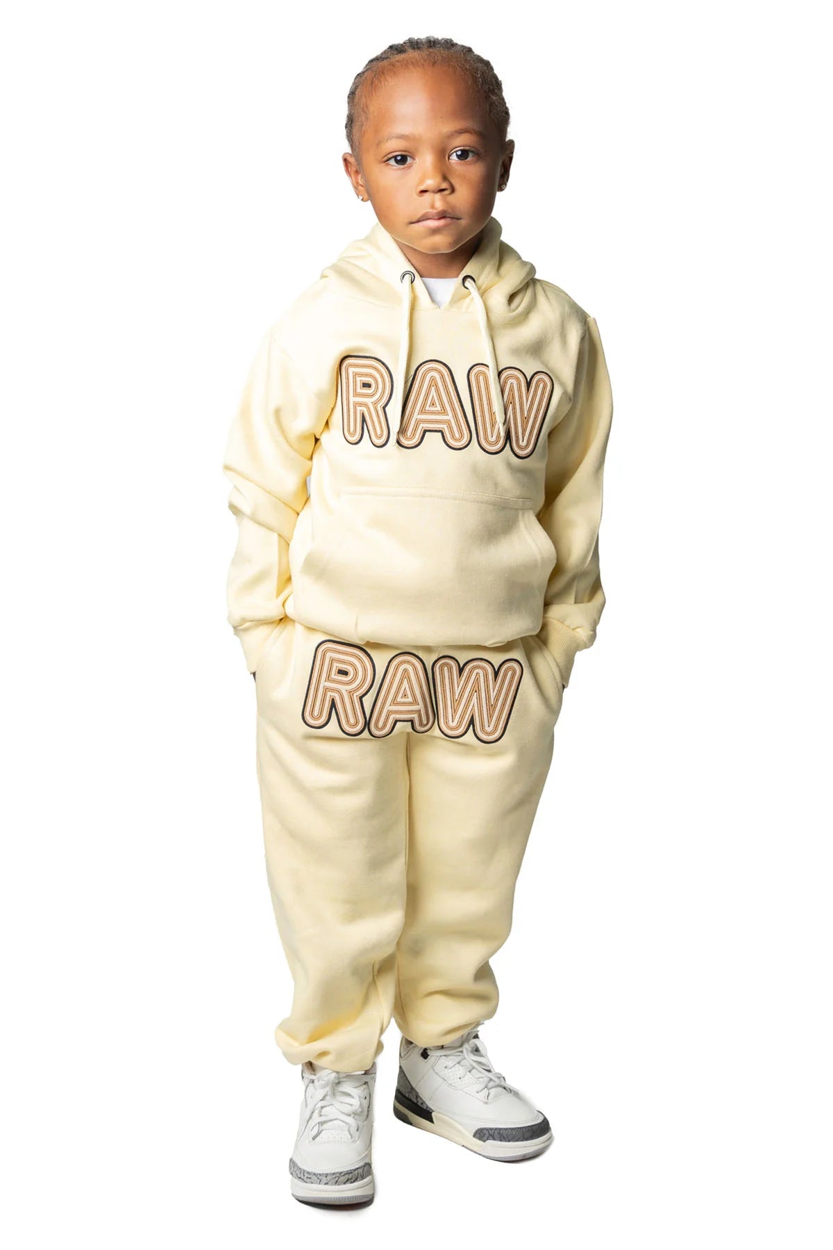 Rawyalty Kids 001 RAW Brown/Cream 3D Embroidery Hoodie and Jogger Set - Stylish Matching Outfit for Boys & Girls - Perfect for School, Playdates, and Family Photos