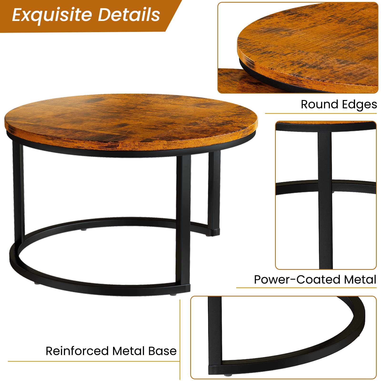 Lamerge 2-Piece Nesting Coffee Table Set - Round Rustic Brown Living Room Tables (29