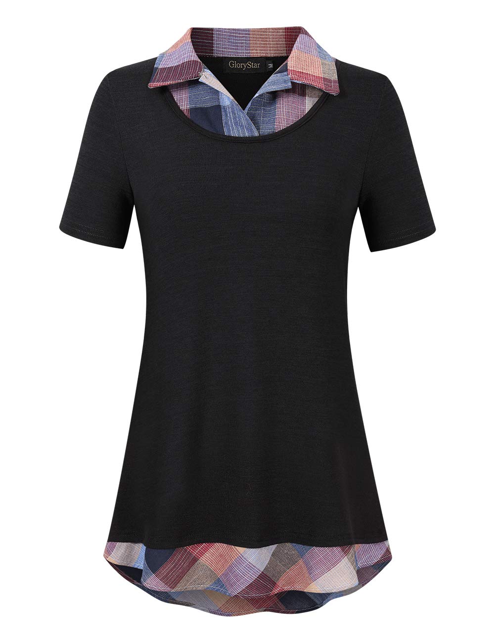 GloryStar Women's Long Sleeve Patchwork Blouse with Contrast Collar - Elegant Work Tunic Top for Office, Business Casual & Fall Fashion Outfits