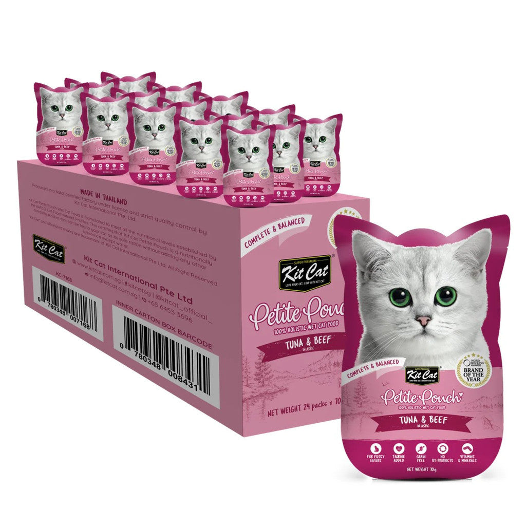 24 Pack Kit Cat Petite Pouch Grain-Free Wet Cat Food - 70g Pouch for Adult & Senior Cats - Perfect for Travel, Treats & Mealtime Variety