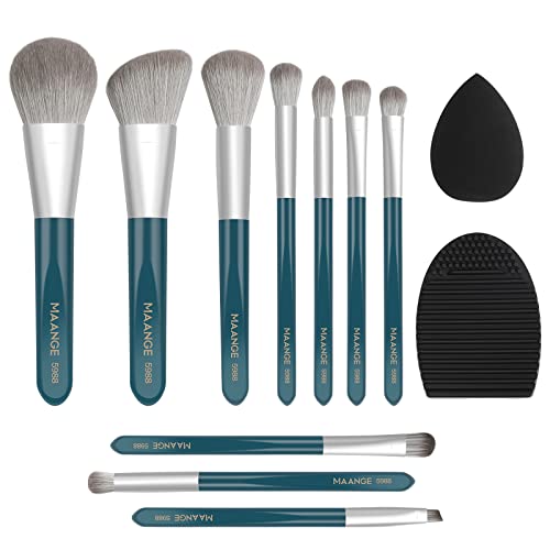 10-Piece Premium Makeup Brush Set - Synthetic Foundation, Blending, Powder & Eyeshadow Brushes with Sponge & Cleaner (Blue) - Perfect for Liquid Makeup, Contouring & Professional Makeup Application