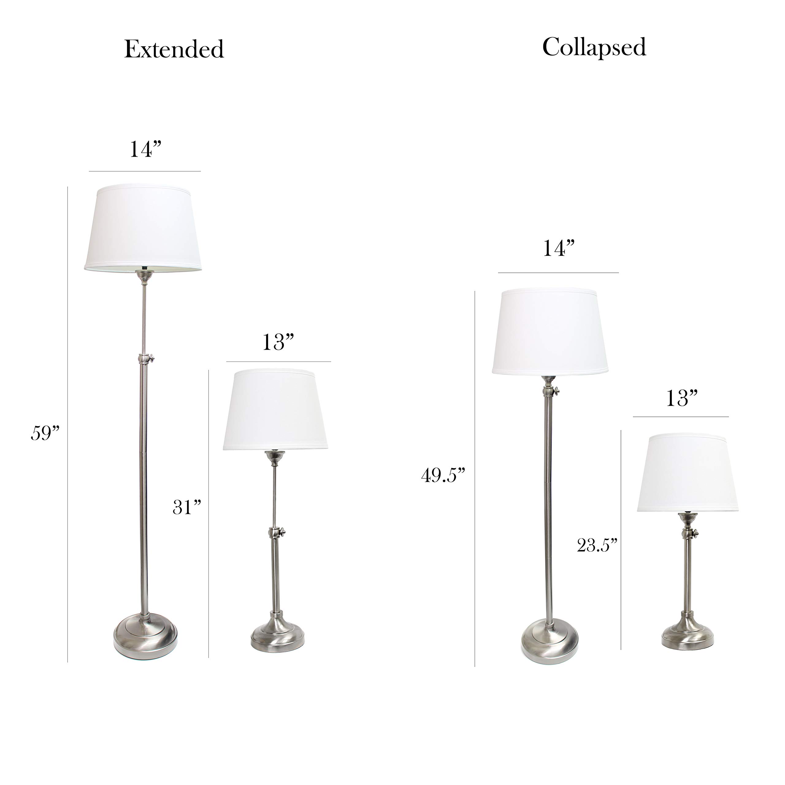 Elegant Designs LC1017-BSN Brushed Nickel Adjustable 3-Piece Lamp Set with White Fabric Shades - 1 Floor Lamp & 2 Table Lamps for Living Room, Bedroom, or Office Lighting Decor