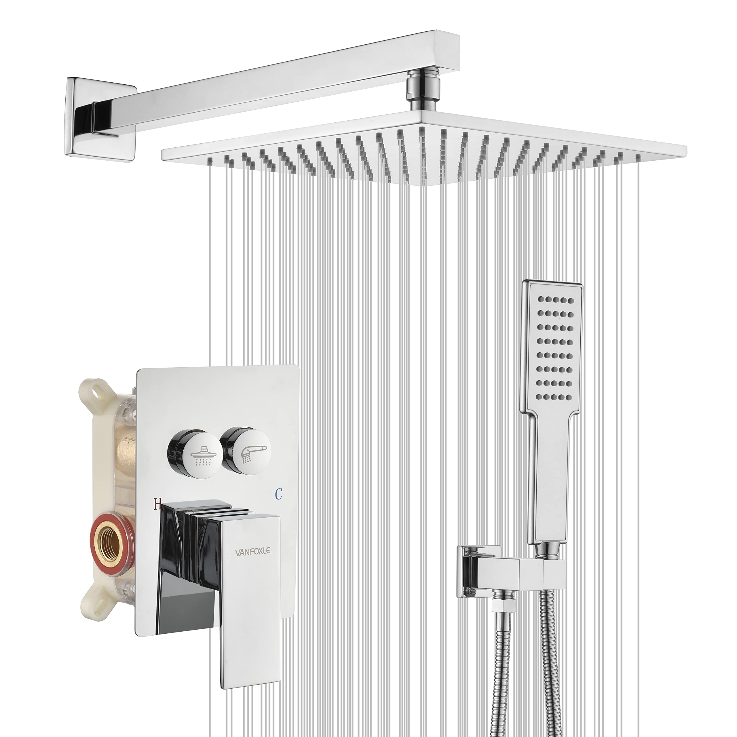VANFOXLE Chrome Push-Button Shower Faucet Set - 10 Inch Rainfall Shower Head Combo with Wall Mounted Fixture for Modern Bathroom | Perfect for Spa-Like Experience, Master Bath & Luxury Home Renovation