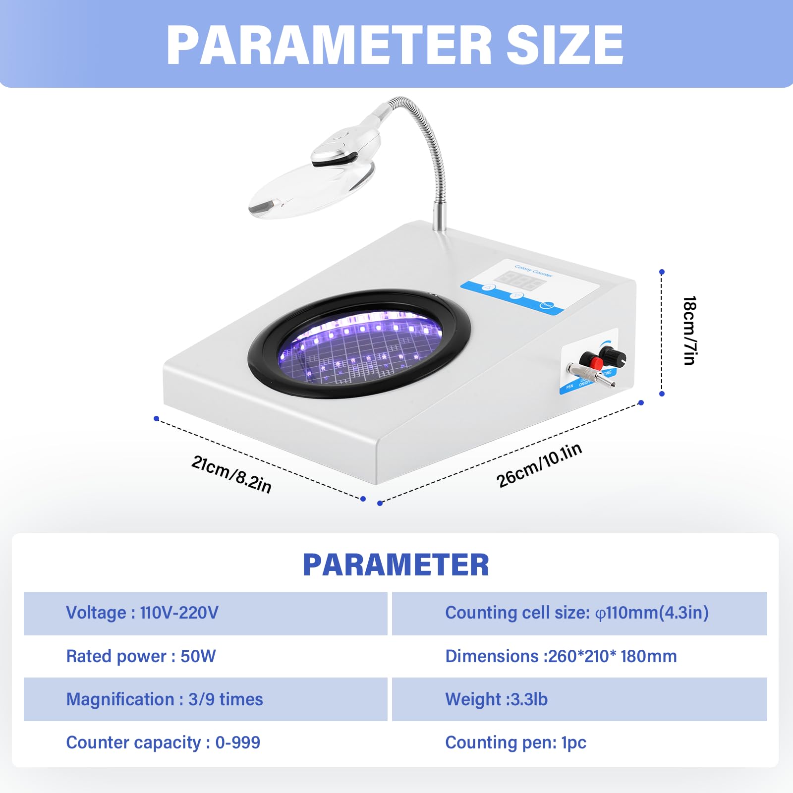 YUCHENGTECH Digital Bacterial Colony Counter - 3X/9X Magnification Microbiology Tester for Lab Use | Accurate Bacteria Counting Machine with LED Display | 110V-220V (110V US Version) for Microbiology Research & Food Safety Testing