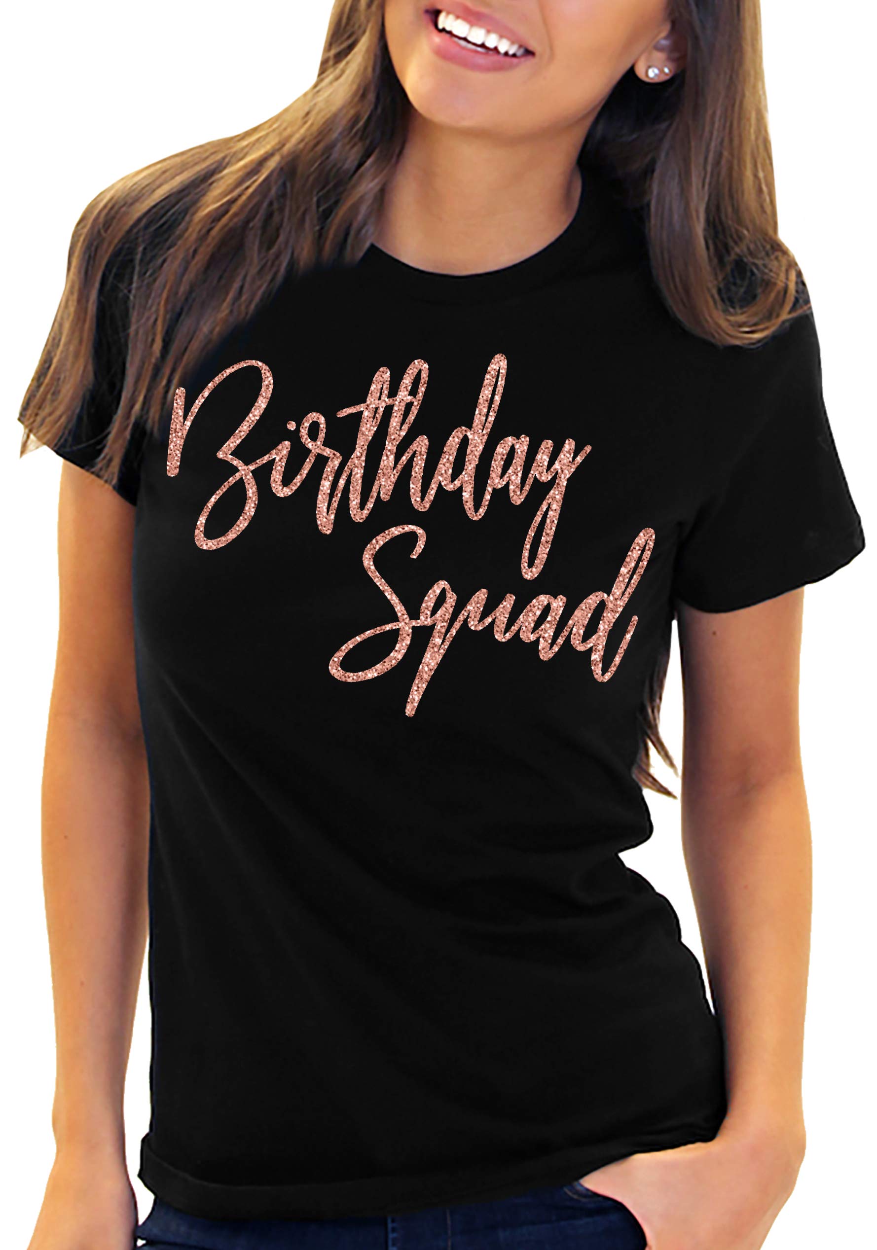 Women's Birthday Squad Rose Gold Glam T-Shirt - Black Party Tee for Women - Small Size - Perfect for Girls' Night Out, Bachelorette Parties & Birthday Celebrations