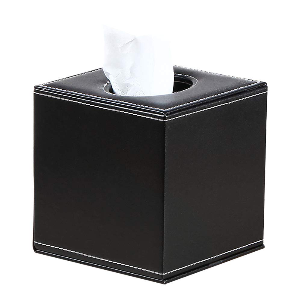 Premium Black Leather Square Tissue Box Cover - Stylish Napkin Holder & Paper Dispenser for Bathroom Vanity, Bedroom Dresser, Office Desk, and Living Room Tables - Elegant Home Decor Accessory