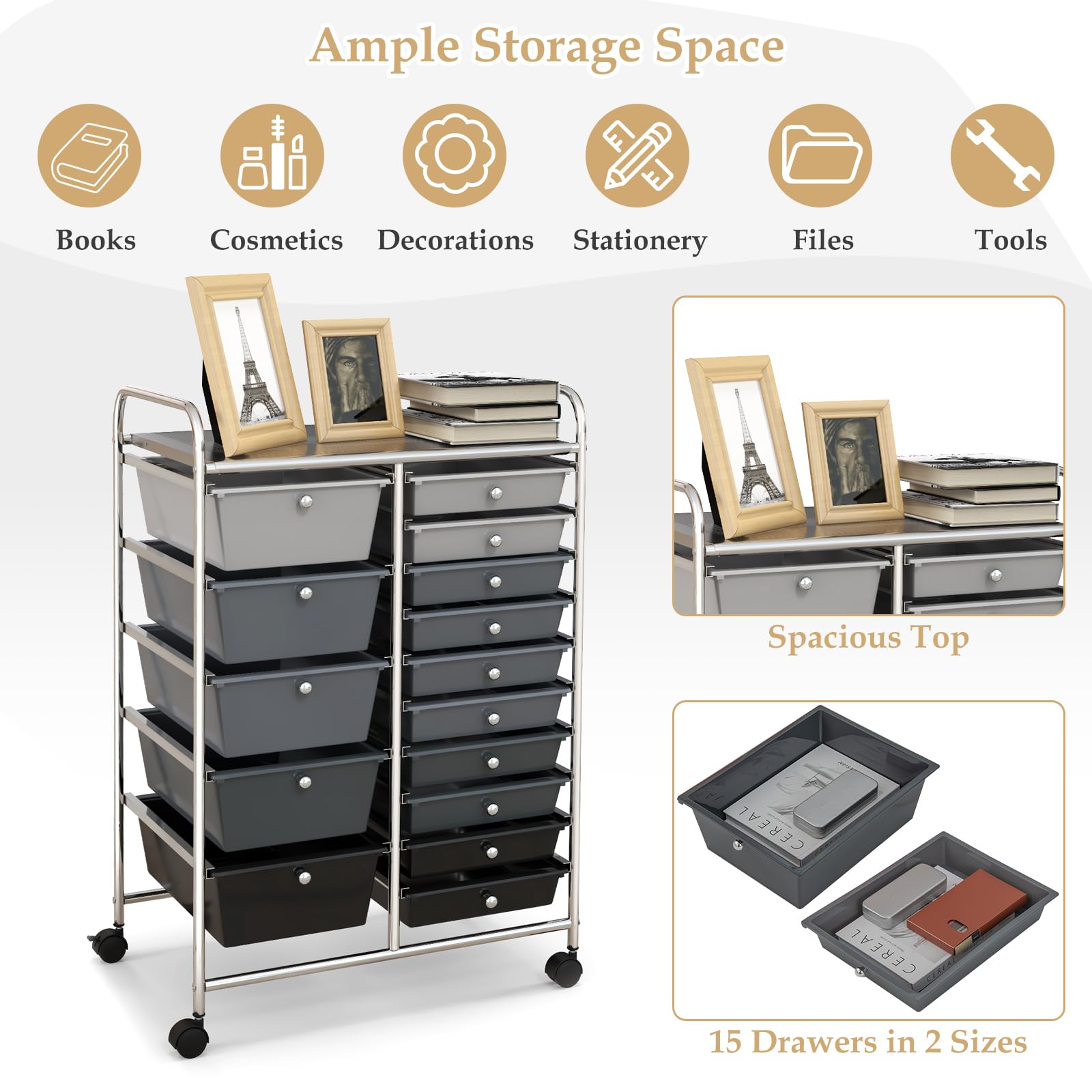 HAPPYGRILL 15-Drawer Rolling Storage Cart with Wheels - Mobile Organizer for Office, School & Home - Perfect for Tools, Paper & Supplies Storage