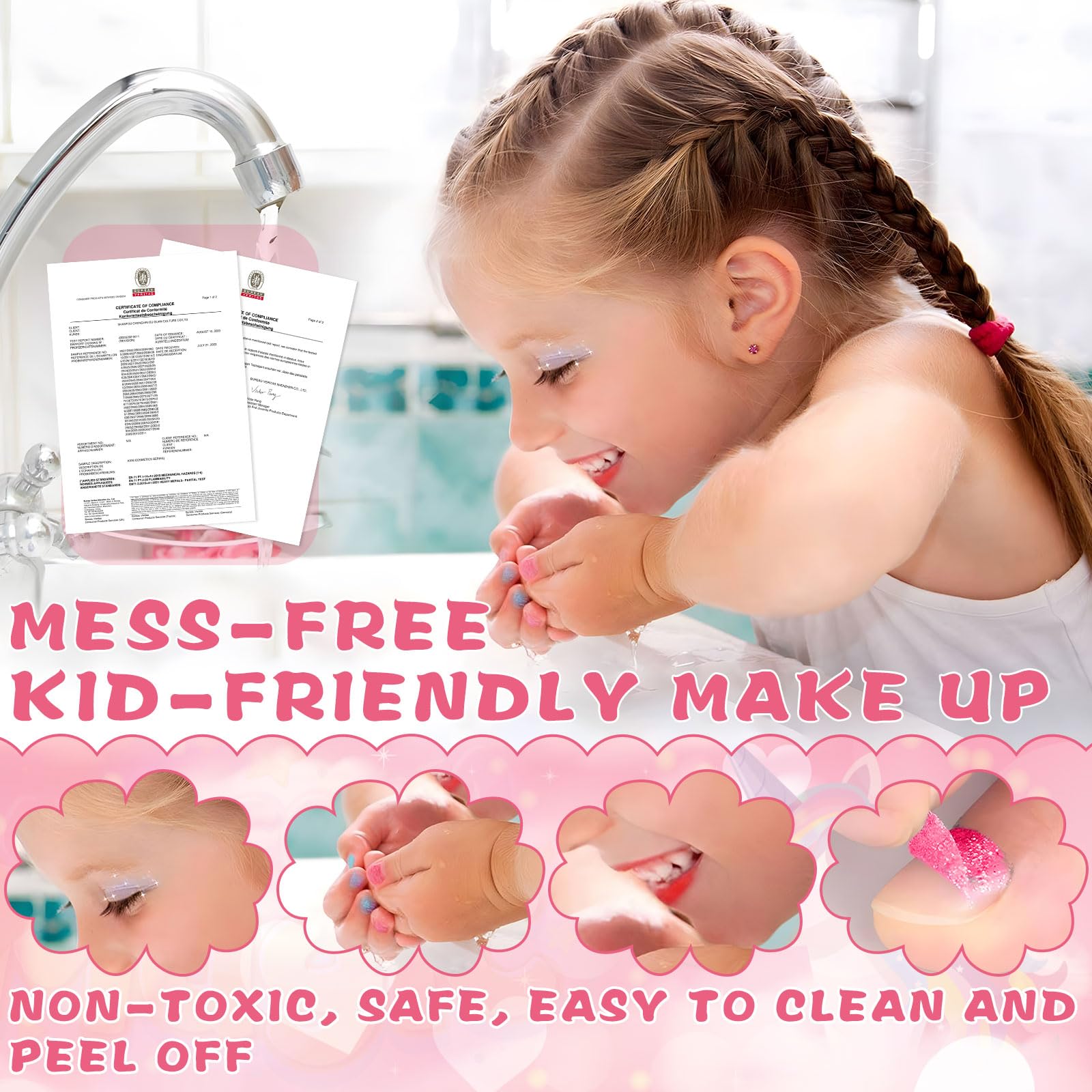 POWZOO 64-Piece Kids Makeup Kit - Non-Toxic, Washable Princess Toy Gift for Girls 5-12 - Birthday & Christmas Present