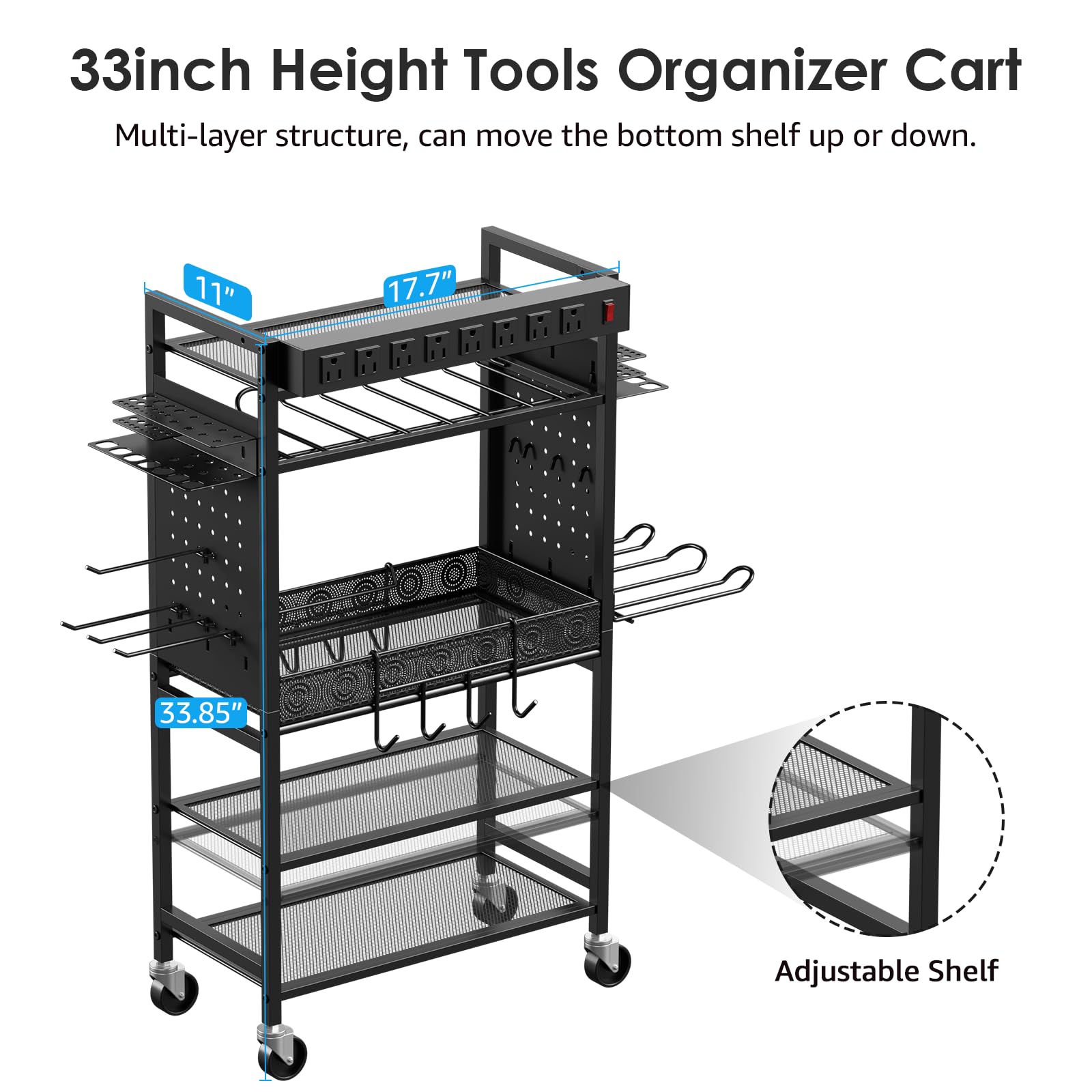 CCCEI Heavy-Duty Rolling Tool Cart with Charging Station - Mobile Garage Storage Organizer for Power Tools, Drills & Batteries - Professional Mechanic Utility Cart with Power Strip & Wheels (Black) - Perfect for Workshop, Garage & DIY Projects