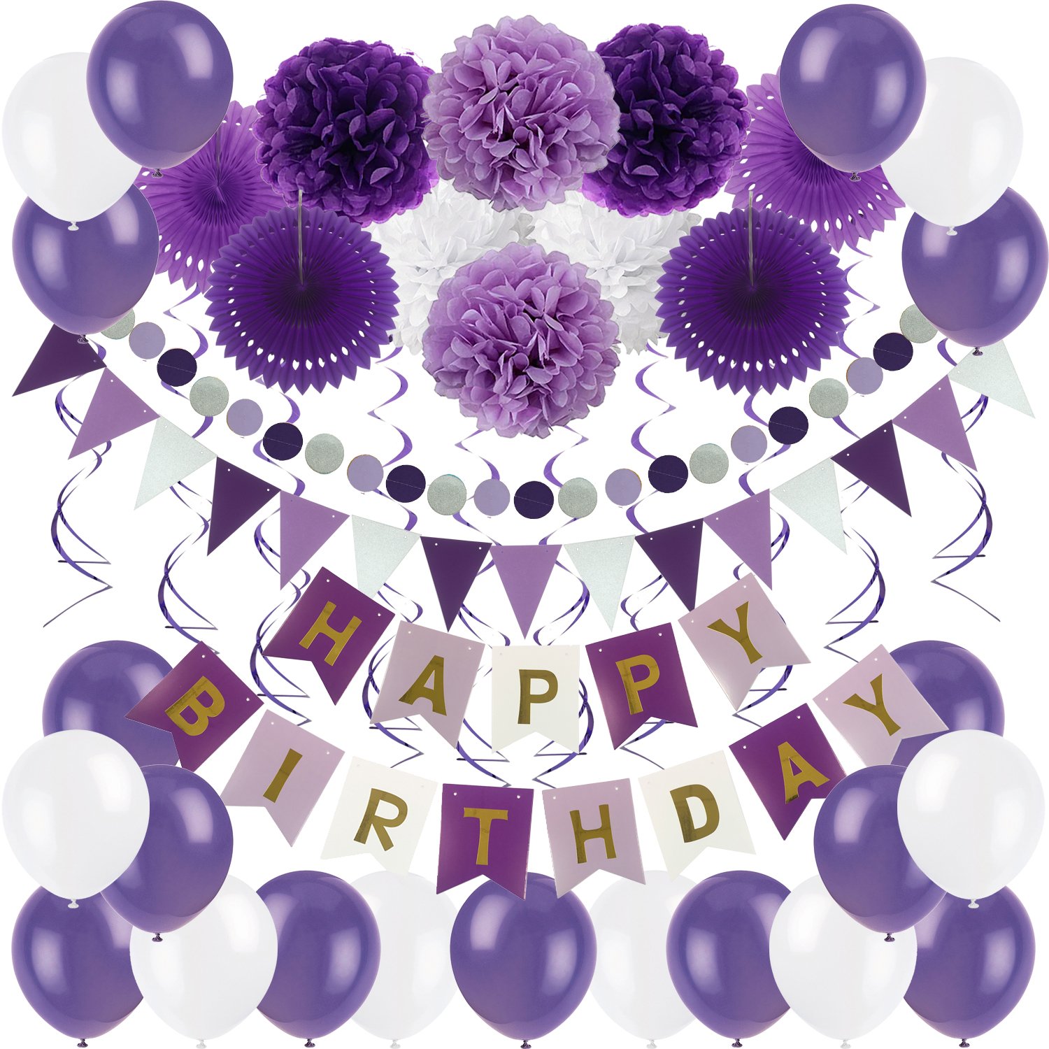 ZERODECO Birthday Party Decorations Set - Happy Birthday Banner Bunting, 4 Tissue Paper Fans, 6 Pom Poms Flowers, 10 Hanging Swirls & 20 Balloons for Indoor/Outdoor Party Decor (Purple Lavender White)